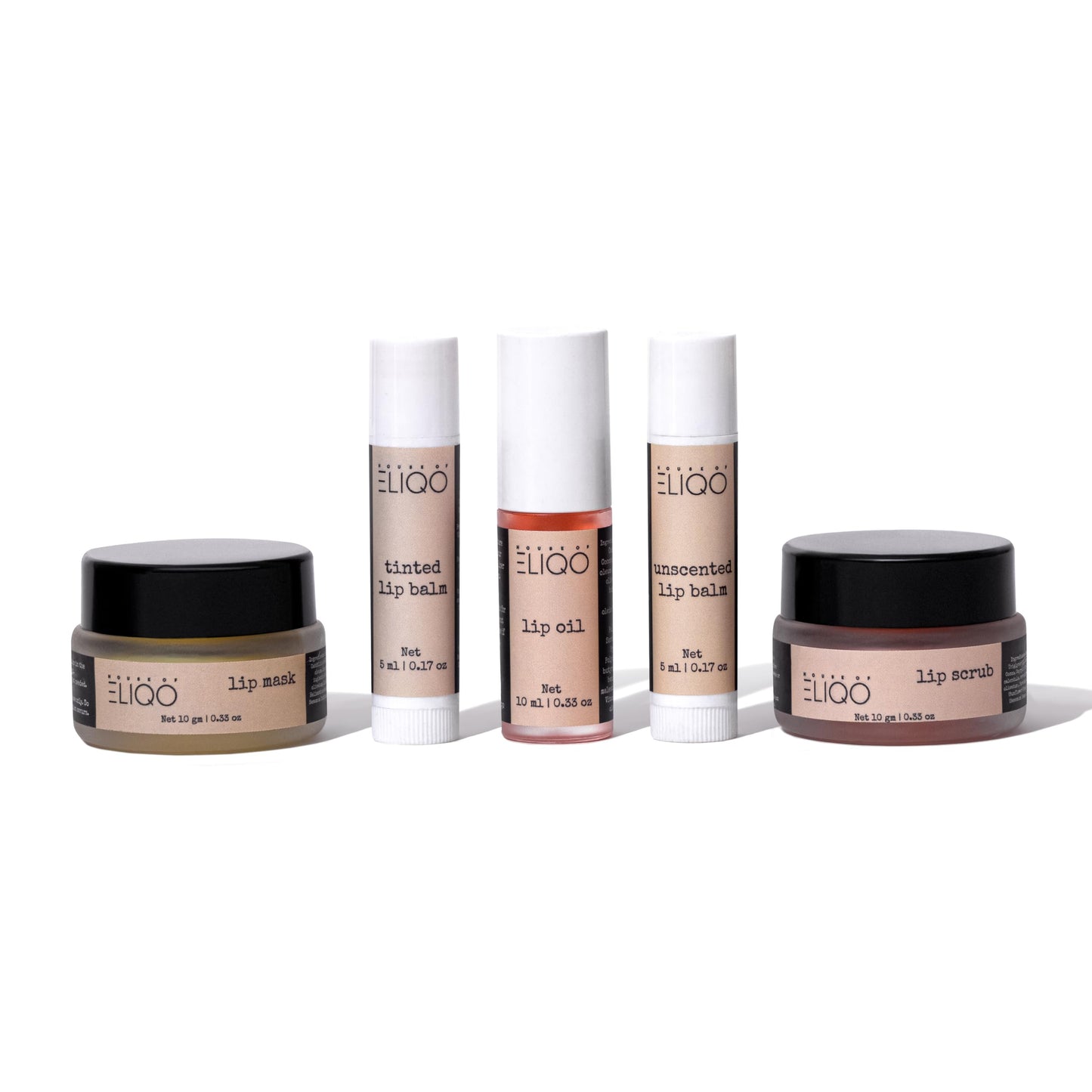 House of Eliqo Lip Care Set – 5-Piece Routine with Lip Mask, Scrub, Lip Oil, Tinted & Unscented Balm – Nourishing, Oil-Based Hydration