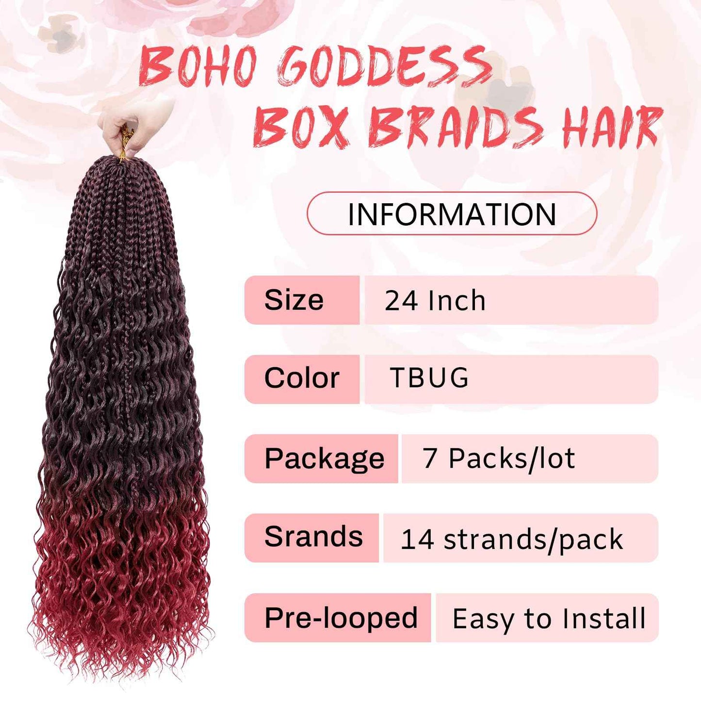 Eeanno Goddess Box Braids Crochet Hair 24 Inch 7 Packs Ombre Burgundy Boho Hair for Women Pre Looped Crochet Box Braids with Curly Ends, TIB/BUG