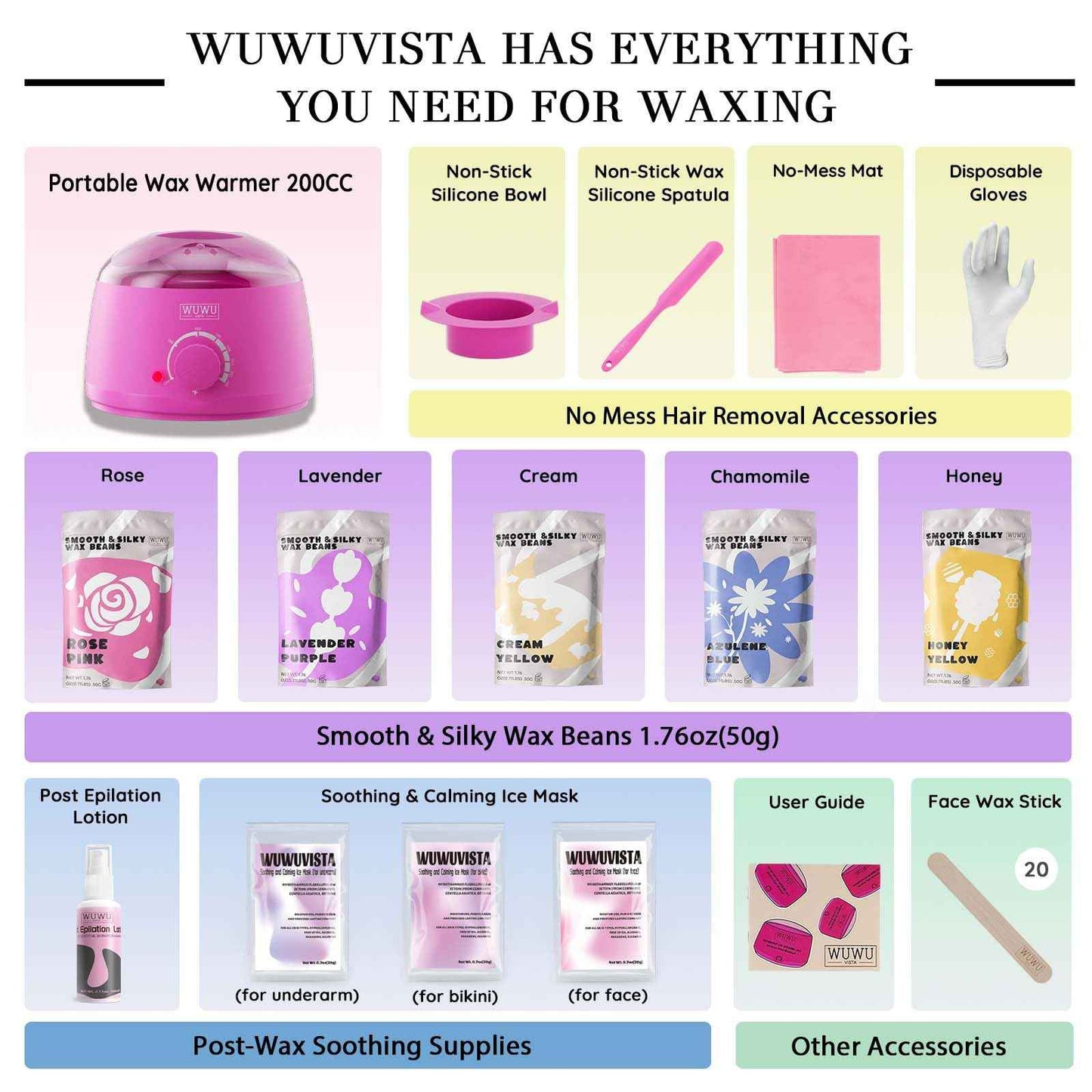 Waxing Kit, WUWUVISTA Hair Removal Hard Wax Kit with Wax Melt Warmer & Waxing Beads for Women & Men - Professional at home Wax Pot for Face/Brazilian/Full Body/Bikini/Sensitive Skin(Purple, 35 items)
