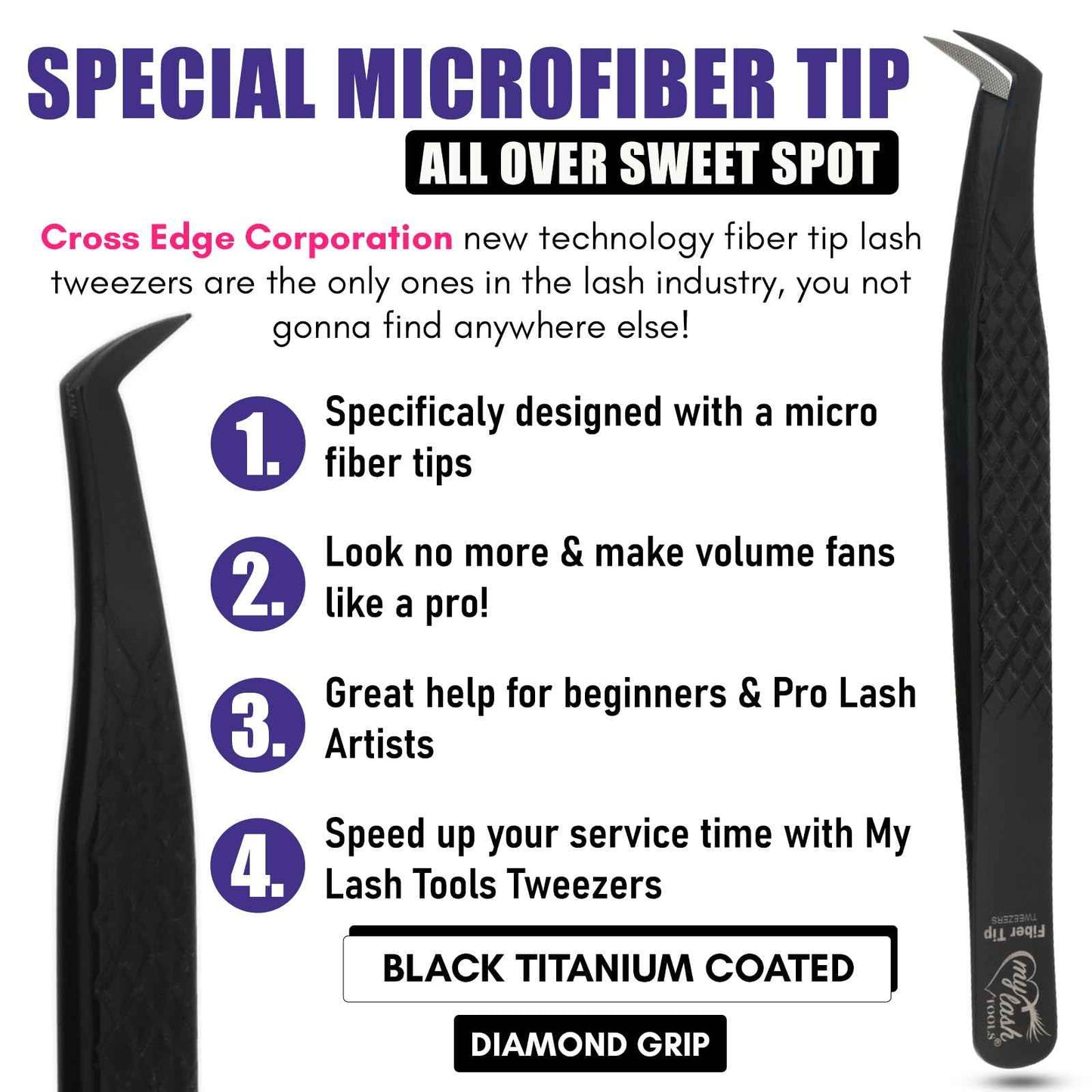 Fiber Tip Mega Boot Volume Lash Tweezer – Professional Eyelash Extension Tool, Diamond Grip, Non Slip, Stainless Steel Tweezers for Volume Fans, Classic, and Mega Volume Lash Applications (Black)