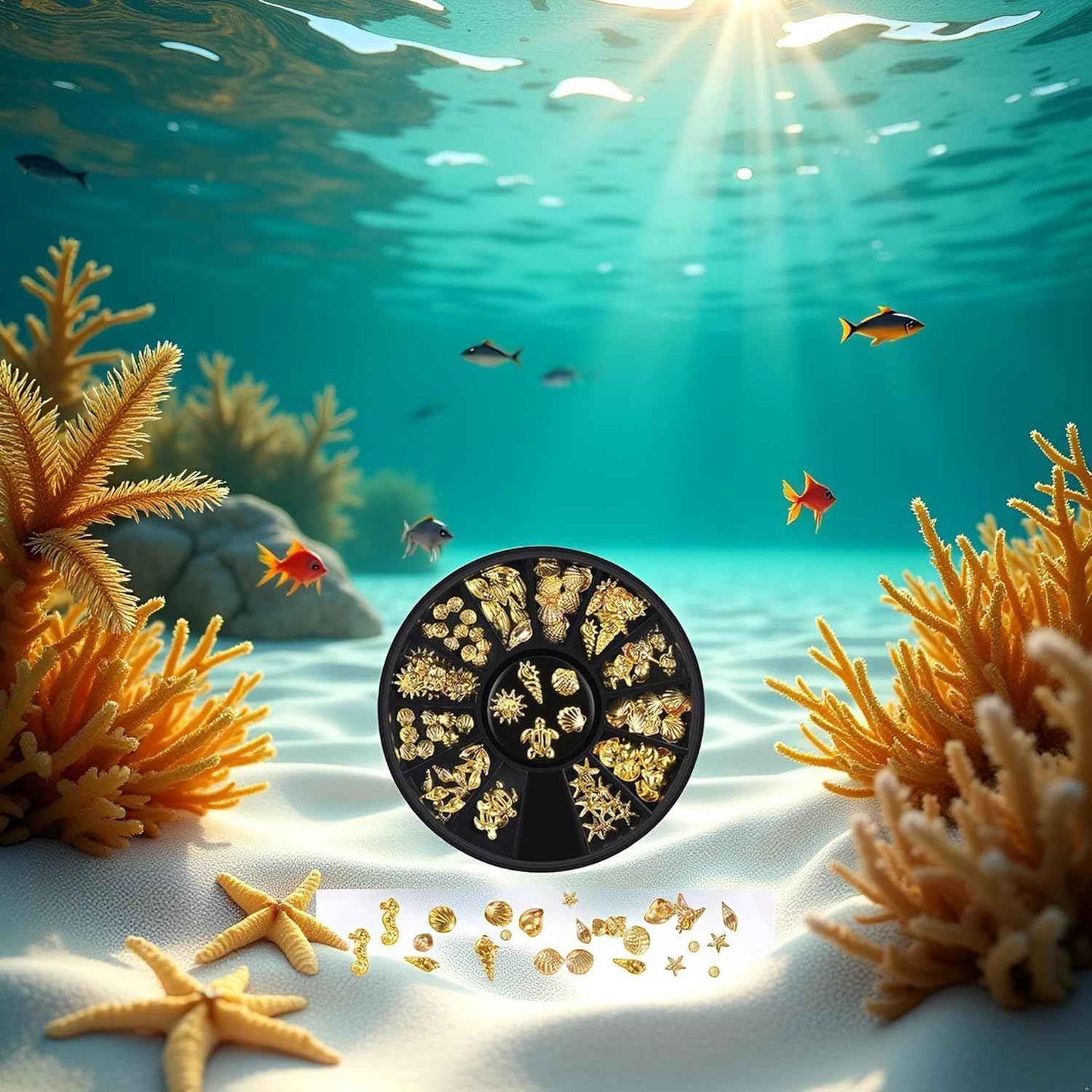 12 Styles Golds Nail Art Metal Studs Metallic 3D Pieces Rivet Palm Tree Turtles Marine Life Charms for Summer Beach Manicure DIY Acrylic Nails Design Supply Nail Art and Polish (Gold Ocean Studs)