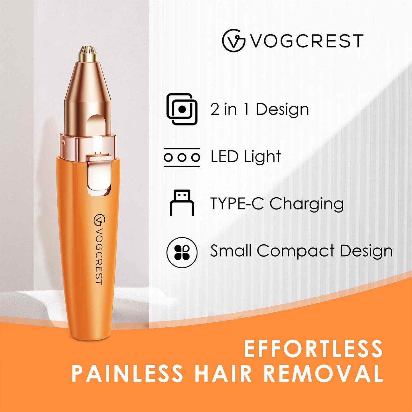 VG VOGCREST Eyebrow Facial Trimmer: 2 in1 Rechargeable Facial Hair Removal and Eyebrow Shaver - Face Lips Body Painless Facial Razor with Built-in LED Light (Orange)