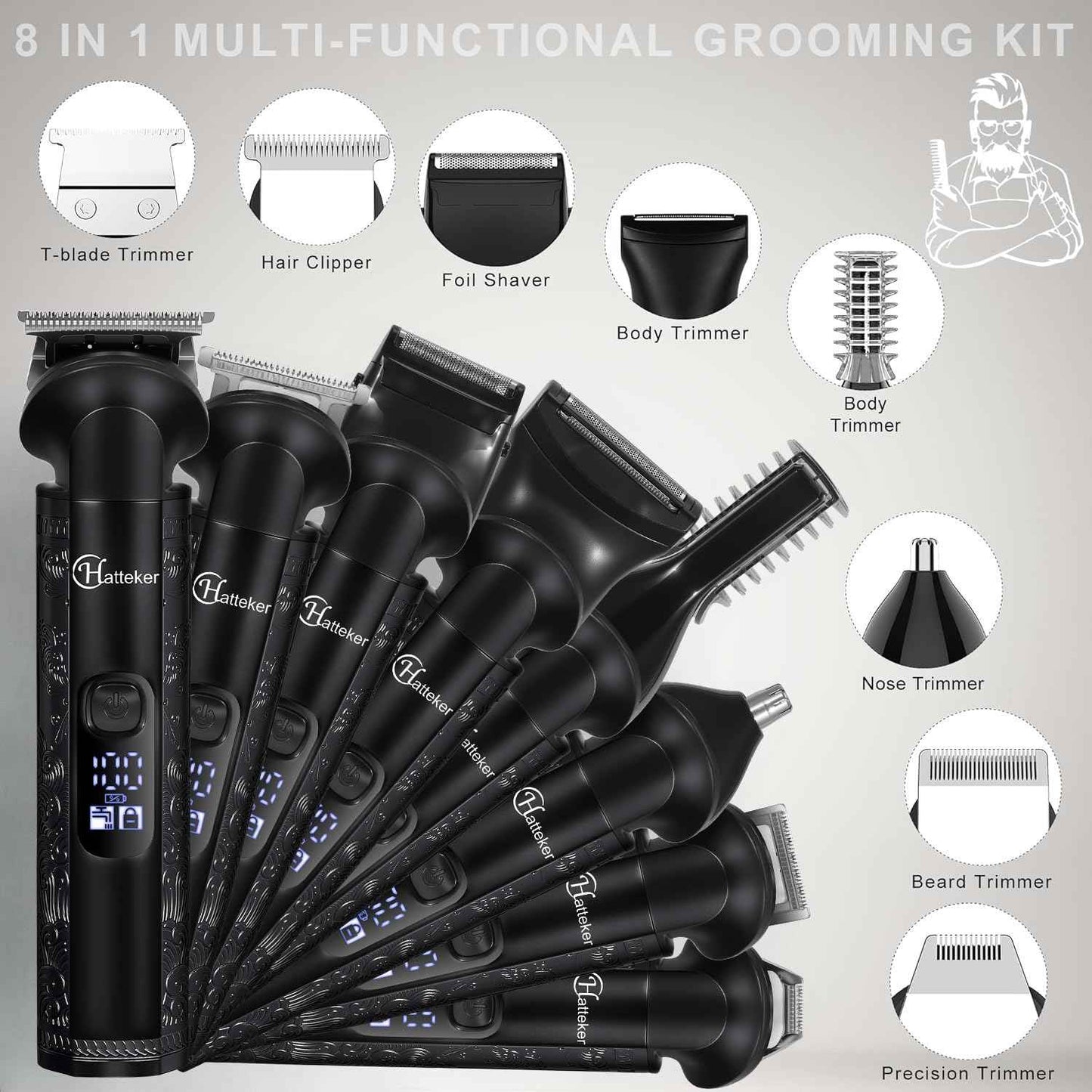 Hatteker 8-in-1 Mens Grooming Kit - Zero-Gap T-Blade Trimmer, IPX7 Waterproof Cordless Set with Hair Clipper/Beard Trimmer/Nose Trimmer, USB Rechargeable (1.5H Charge 180M Use) for Home & Travel