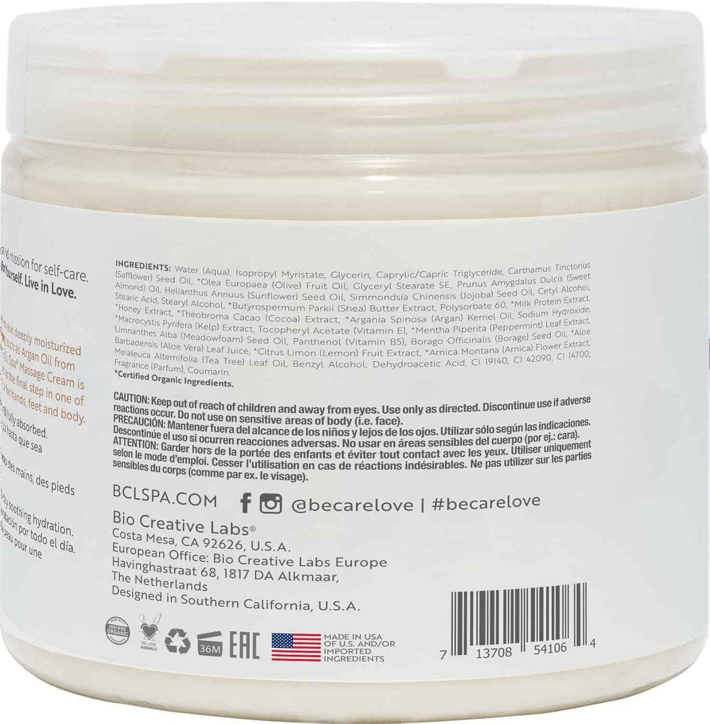 BCL SPA Massage Cream Organic Milk & Honey with White Chocolate Body Lotion, Shea Butter, Aloe Vera, Arnica, Peppermint, Kelp, Tea Tree, Olive, Argan, and Jojoba Oils, Home/Professional Use, 16 fl oz