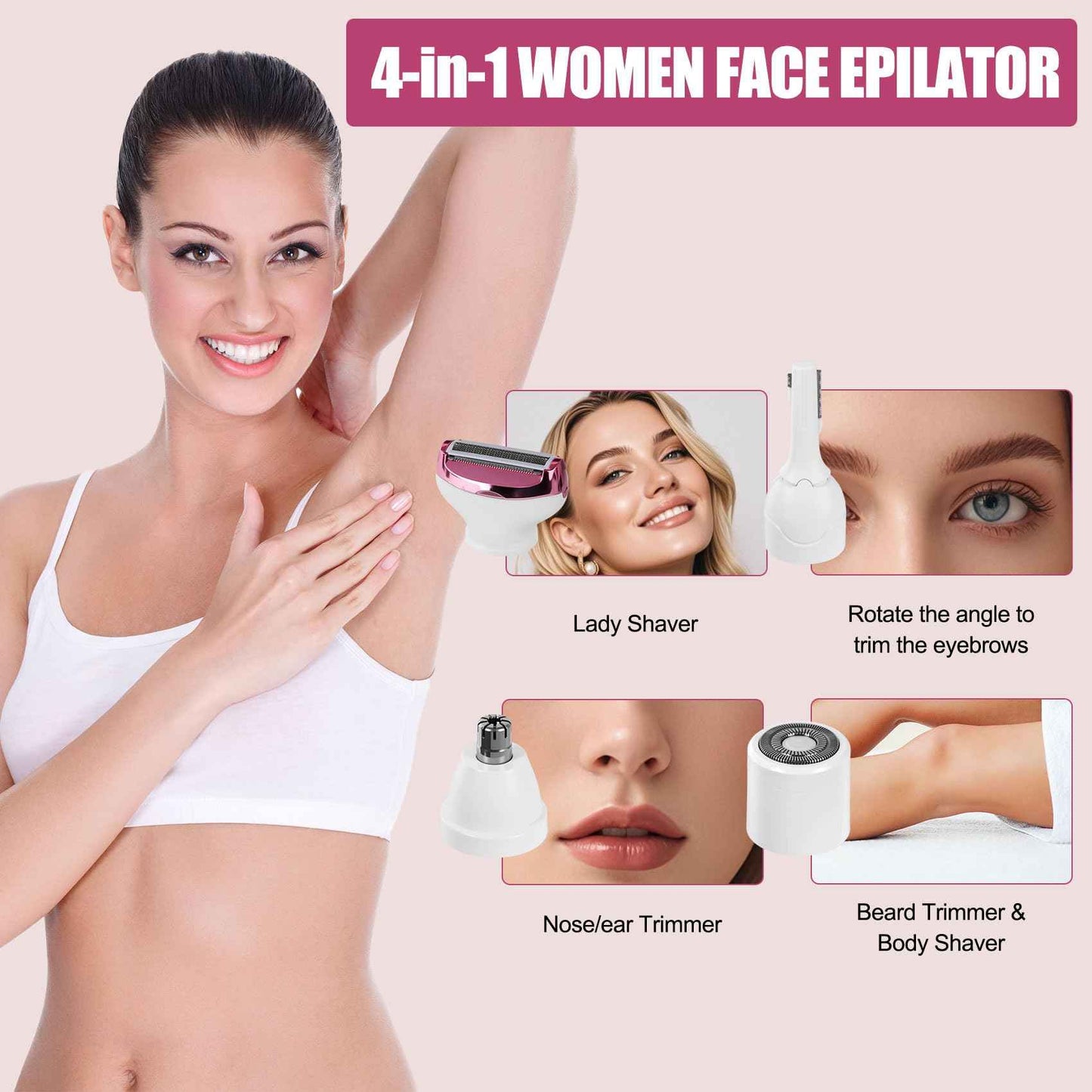 Women Face Epilator, 4-in-1 Portable Design Facial Epilator, Rechargeable Facial Hair Removal for Women & Men, Waterproof Facial Shaver for Face, Ears, Nose, Eyebrow, Body