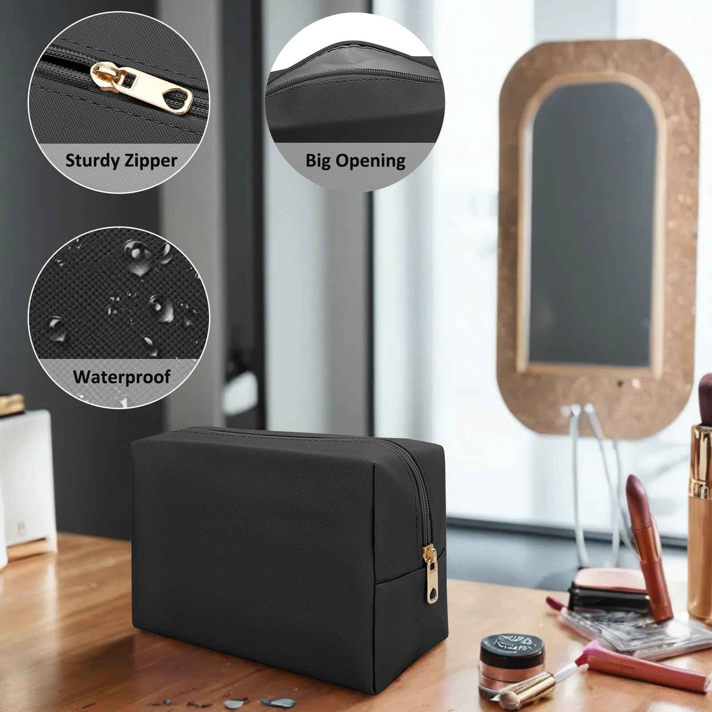 DOB SECHS PU Leather Cosmetic Bag Portable Toiletry Bag for Daily Use Cosmetic Organizer Water-resistant Make up Organizer Light Weight Travel Makeup Bag Cosmetic Pouch (Black, L)