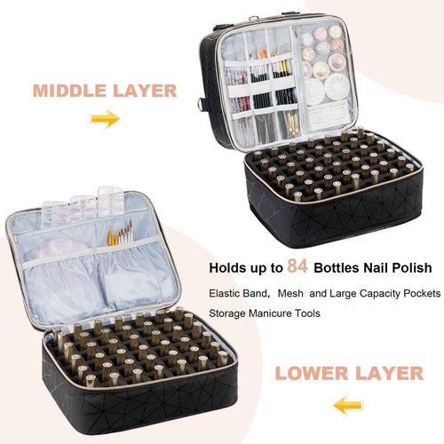 Uross Nail Polish Organizer Bag Holds 84 Bottles Nail Polish & Nail Lamp, Gel Nail Polish Organizers and Storage box for Nail Tech, Nail Kit Supplies Organizer Case-Black
