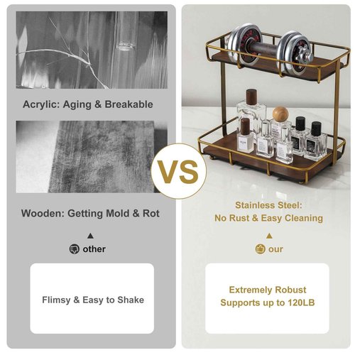 Dobbyby Bathroom Organizer Countertop Perfume Organizer Makeup Organizer Cosmetics Storage Display Rack Vanity Tray Dresser Stainless Steel Gold Shelf Wooden Tray