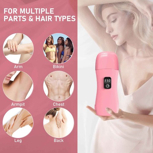 Roll on Wax Kit for Hair Removal - Wax Roller with Digital LED Display, Waxing Kit for Hair Removal for Women, Safe No-Burn At-Home Waxs Warmer, 2 Soft Honey Cartridges & 50 Strips