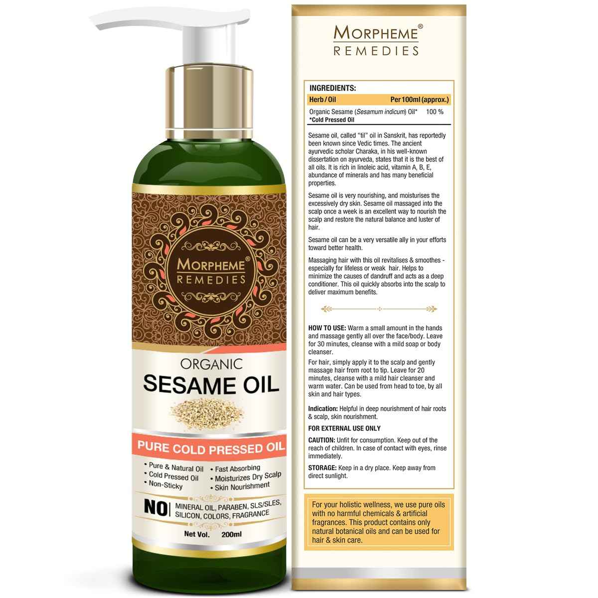 Morpheme Remedies Organic Sesame Pure ColdPressed Oil For Hair, Body, Skin Care, Massage, 200 ml