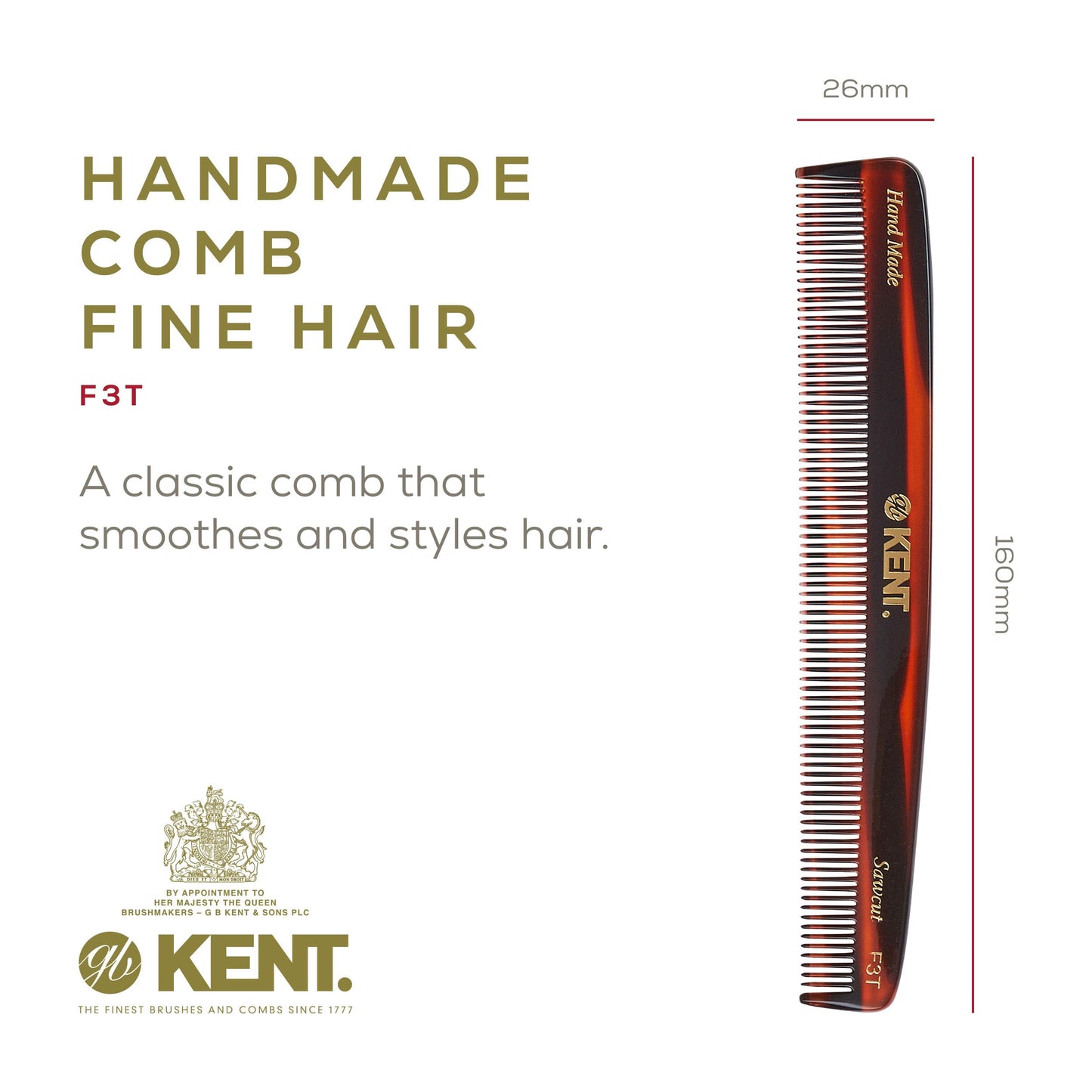 Kent F3T Fine Tooth Comb for Hair Parting, Handmade Combs for Men and Straightening Comb for Women, Dandruff Remover Kent Mens Combs for Fine Hair