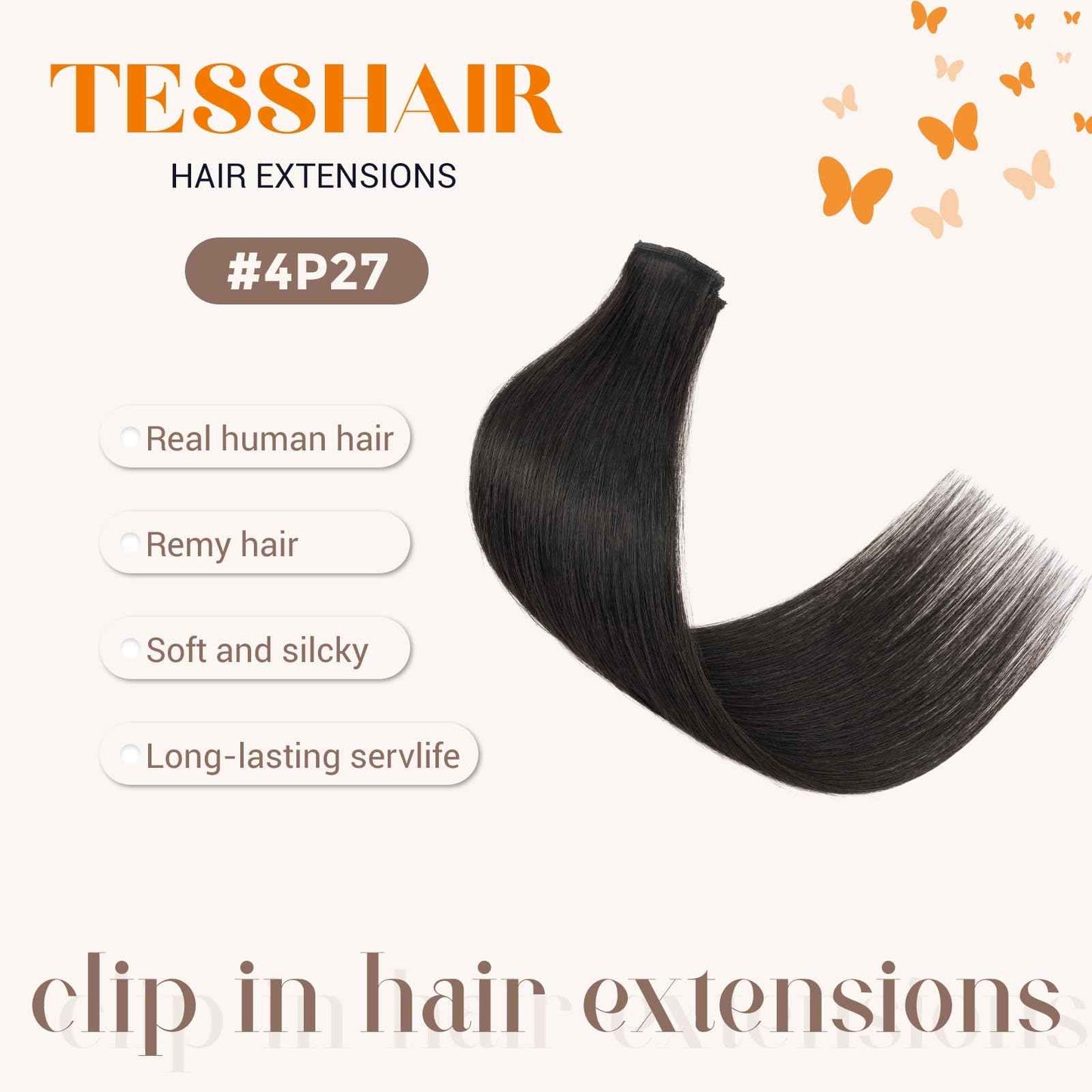TESSHAIR 6PCS Clip in Hair Extensions Real Human Hair, Short Hairpieces for Women Single Clip Ins to add Highlights & Volume, No Tangle & Smooth,12 Inch 33g #1B Natural Black