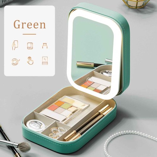 Dannir Travel Makeup Case with LED Mirror, Makeup Bag with Lighted Mirror, Cosmetic Storage Box, Christmas Portable Organizer Vanity Case for Women, Beauty Tool Accessories Rechargeable, Green