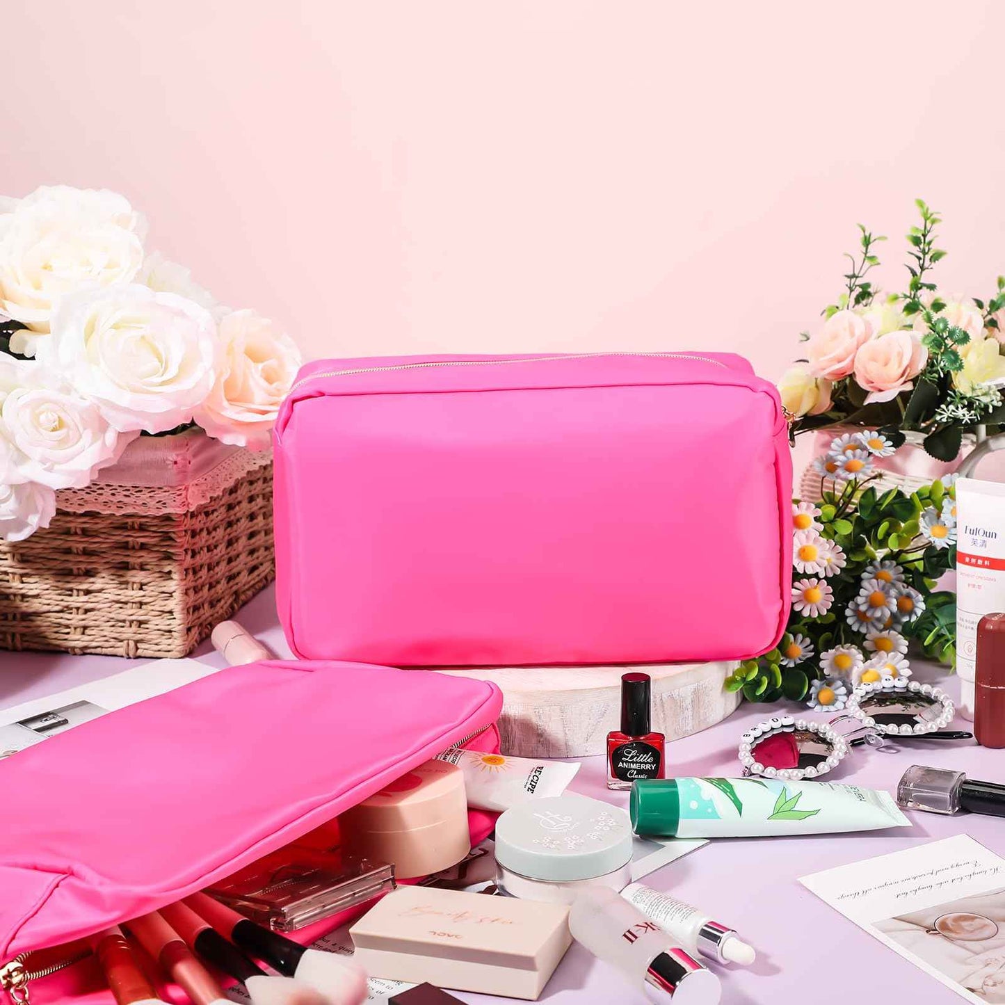 Hushee 4 Pcs Nylon Makeup Bag Preppy Zipper Pouch Waterproof Nylon Toiletry Storage Bag for Women(Small,Hot Pink)