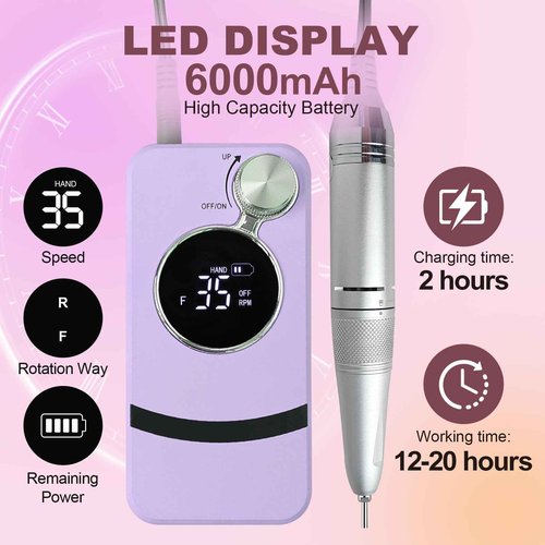 Electric Professional Purple Cordless Portable Nail File 35000RPM Gel Polish Remover Rechargeable Drill Kit for Home Salon Manicure Pedicure