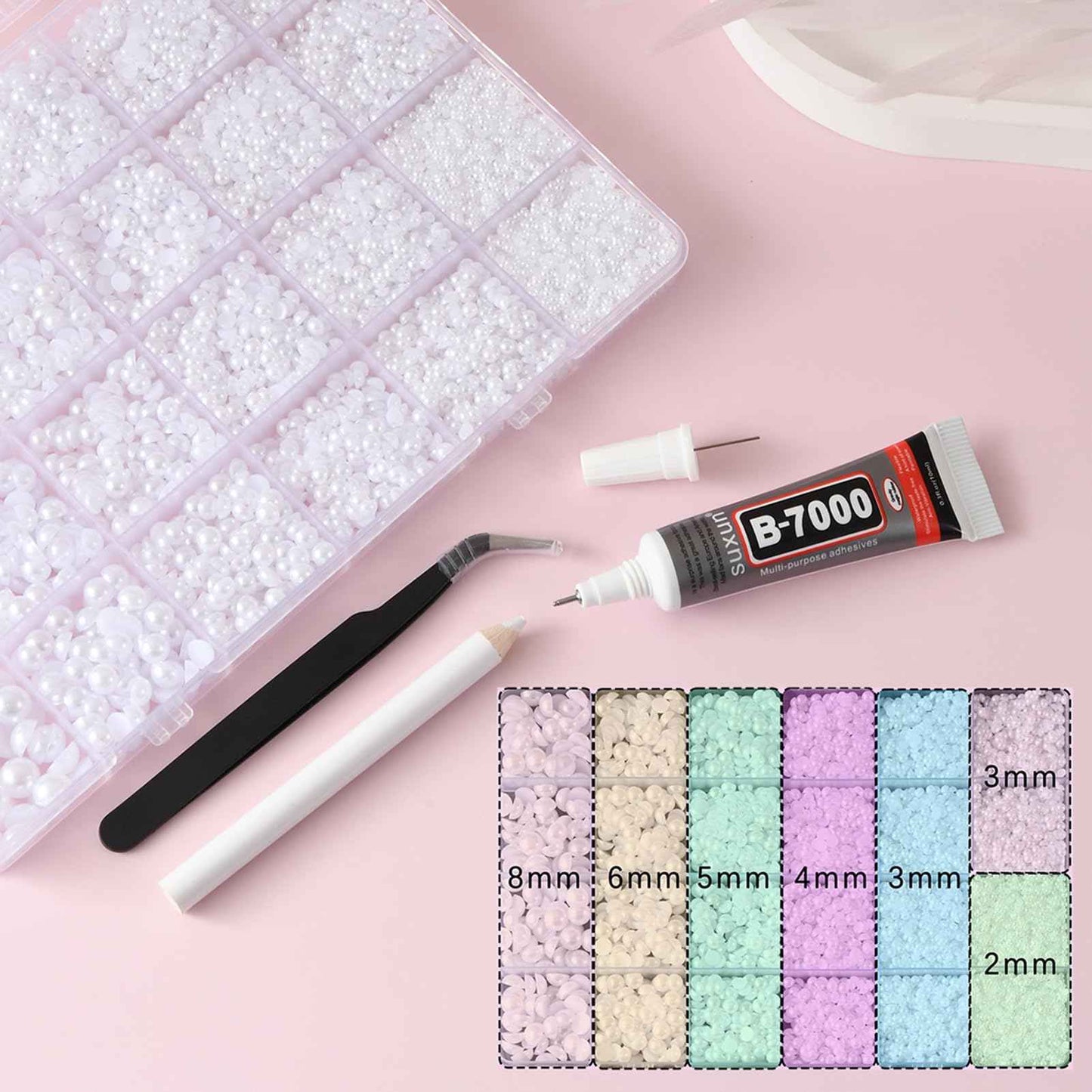 OPMADM 14000 Pcs Flat Back Pearls for Crafting with B7000 Glue White Half Pearl Beads for Jewelry Making Beads for Nails Party Face Clothes Shoe Balloon Birthday Decorations Cup DIY 2/3/4/5/6/8mm