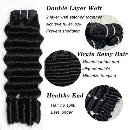 SWEETGIRL Deep Wave Human Hair Bundles Burmese Curly Bundles Human Hair Quick Weave with Spiral End Sew in Hair Extensions Real Virgin Remy Hair 18 Inches 1 Bundle Natural Color