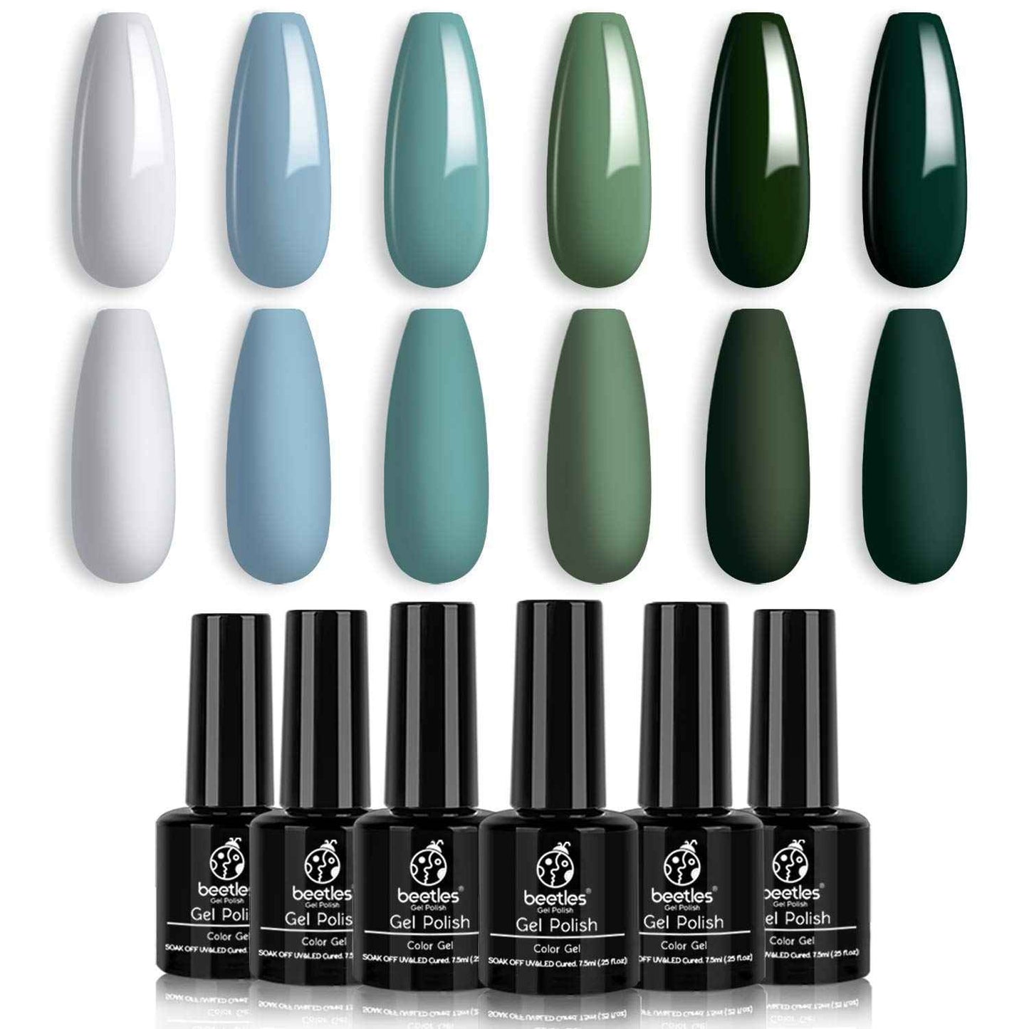 Beetles Blue Green Gel Nail Polish Kit - 6 Colors Misty Gray Dark Green Gel Polish With 3 Pcs Base coat No Wipe Top Coat - Matte Gel Top Coat