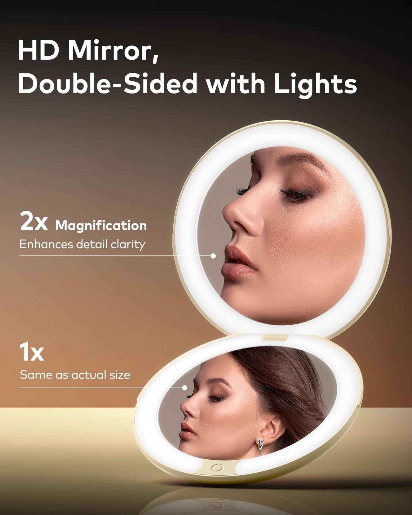 llano Compact Mirror, Lighted Travel Makeup Mirror with 1X/2X Magnifying Double Sided Dimmable Portable Pocket Mirror for Handbag and Pocket,Foldable Compact Mirror 3.6"L x 0.8"W, USB Charging(Yellow)