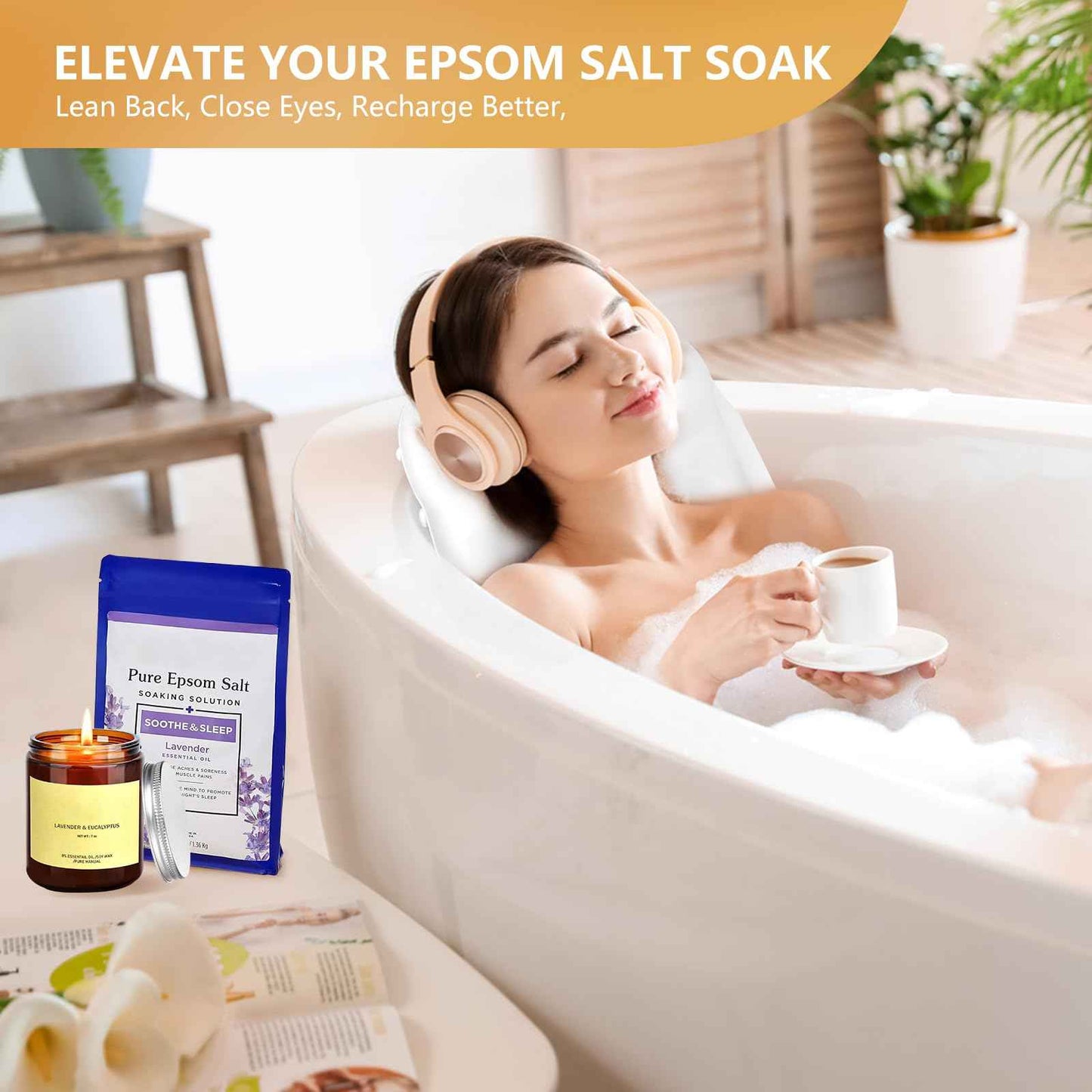 Inflatable Bath Pillows for Tub - Adjustable Firmness Silicone Bathtub Pillow for Neck-Relaxing & Epsom Salt Soaking, Bath Pillow for Head & Back Support Cushion, Spa Gifts for Women, Parent (White)