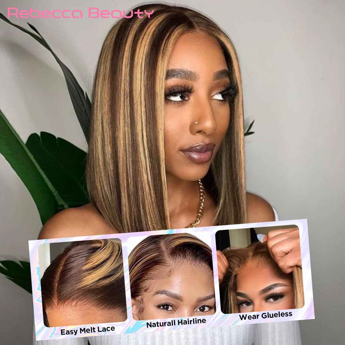Rebecca Beauty Highlight Ombre Bob Lace Front Wigs Human Hair Upgraded 4x4 Closure Bob Wig 12 Inch Pre Plucked Short Straight Bob Wig for Black Women (Color TTPI4/27)