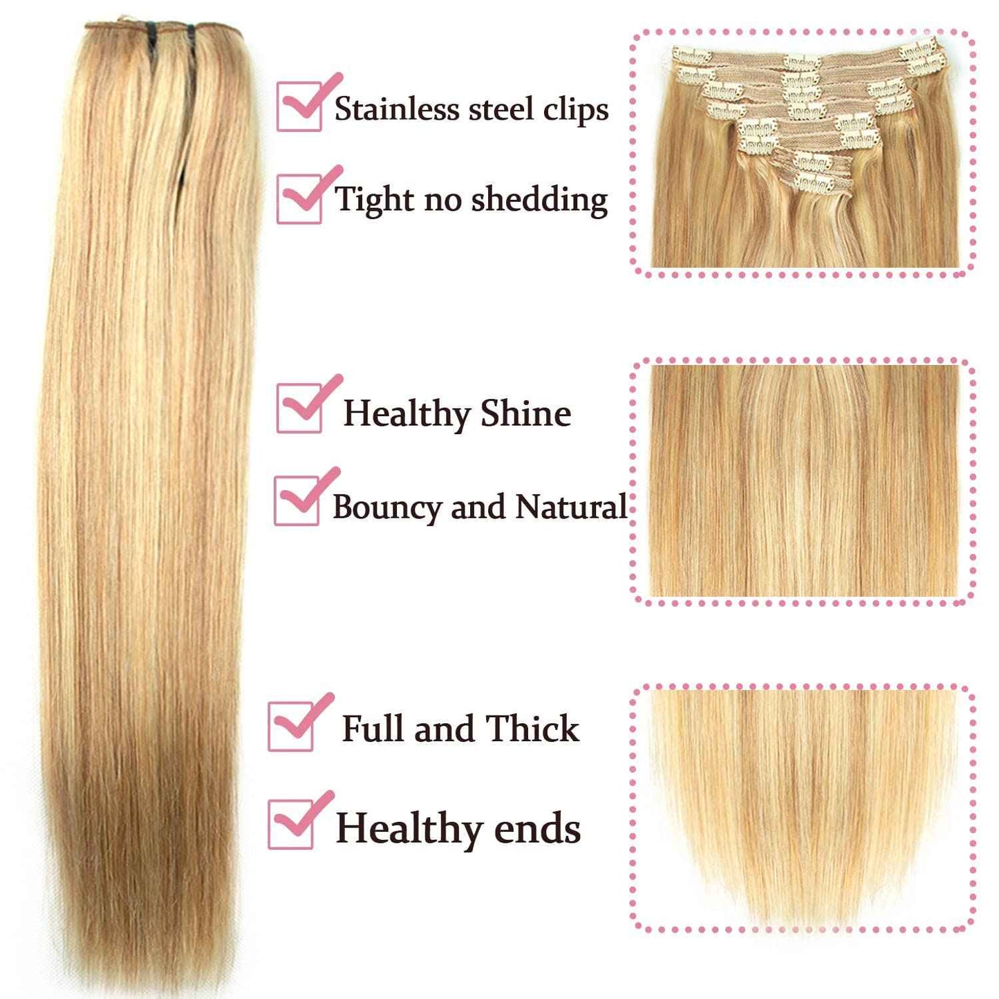 Human Hair Clip in Extensions Dark Blonde Highlighted Bleach Blond Full Head Silky Straight Clip in Natural Remy Human Hair Extensions 120g 8pcs (14 inch, 18/613)