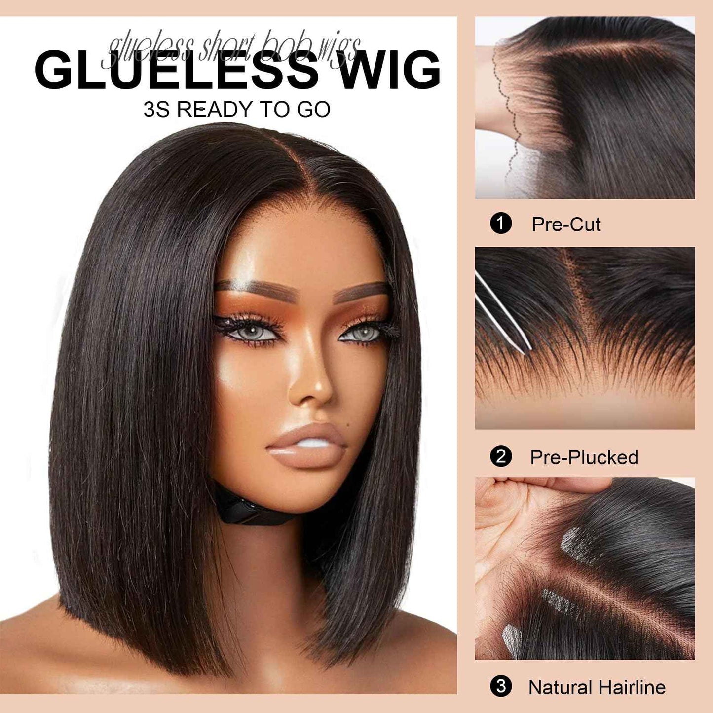 CAREKISS Bob Glueless Wigs Human Hair Pre Plucked Pre Cut 150 Density Wear and Go Glueless Wig 4x4 HD Straight Lace Closure Bob Wigs for Black Women 14inch