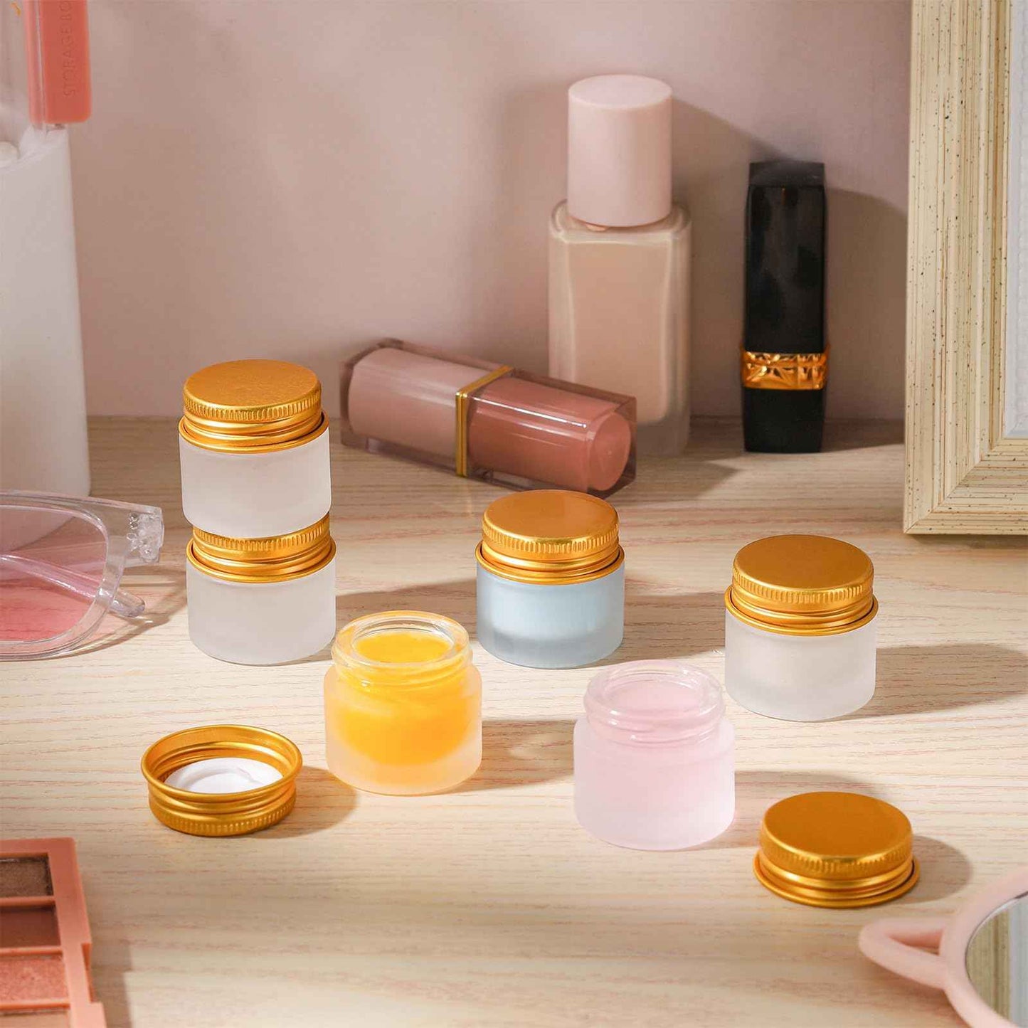 RAMFIYN 24 pack 10ml Frosted Glass Jars with Gold Lids Small Empty Travel Lotion Containers with Inner Liner Airtight Cosmetic Holder with Labels for Lip Balm Creams Body Butter