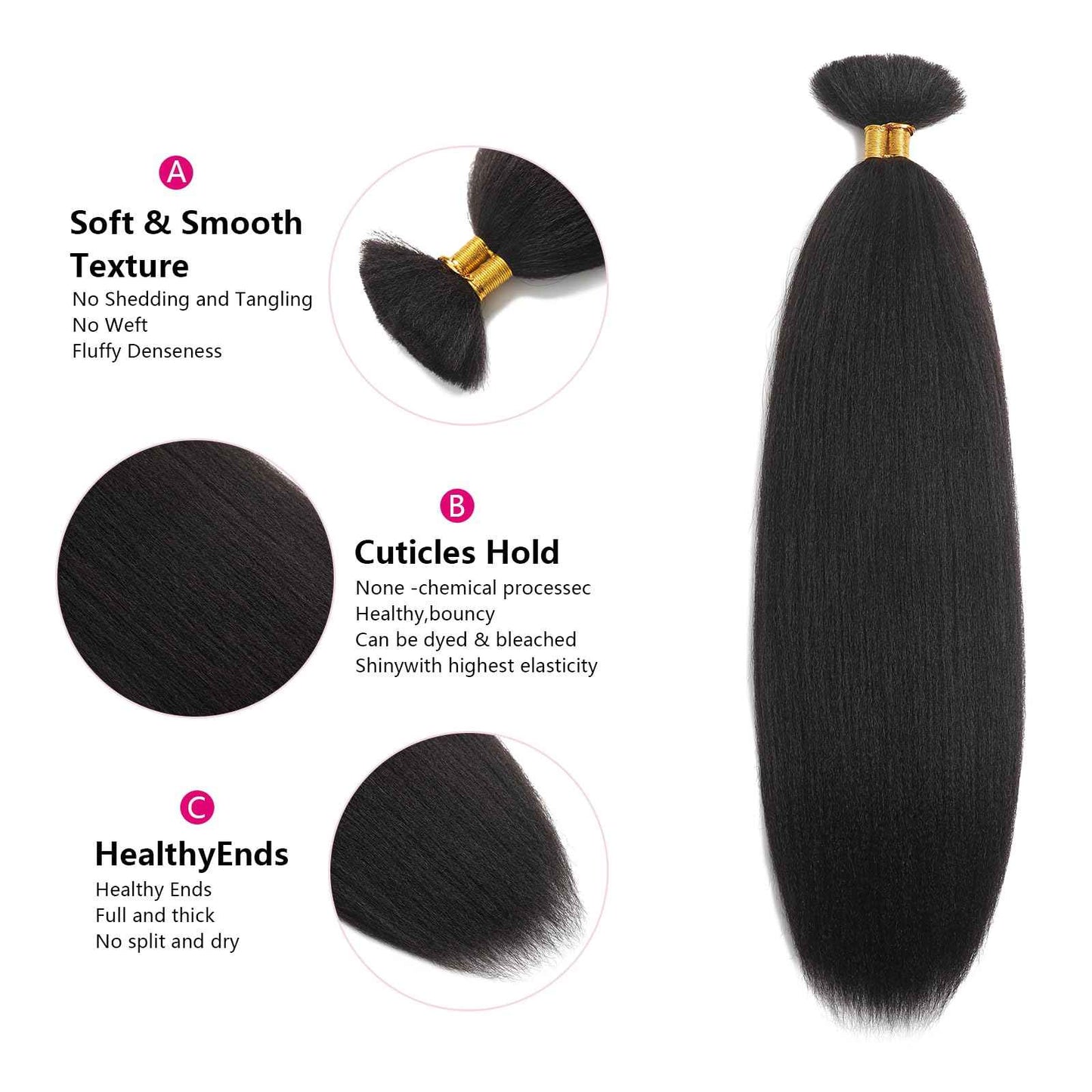Human Braiding Hair for Boho Braids Human 100g 22 Inch Kinky Straight Bulk Human Hair Yaki Straight Bulk Hair Extensions for Black Women Bohemian 1 Bundles/Pack Natural Color