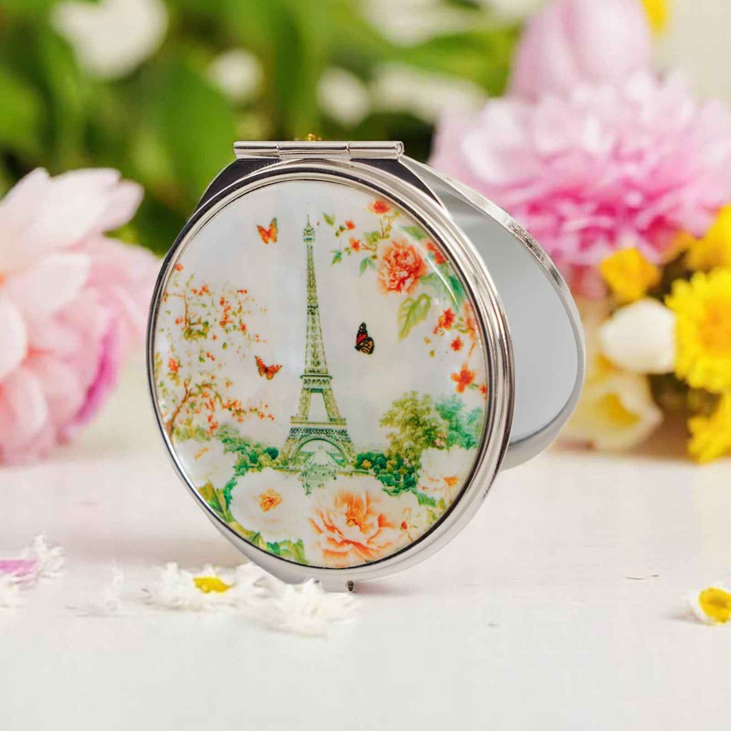 February Mountain Mother of Pearl Compact Mirror – Dual Magnification Gift for Women, Mom, Sister – Birthday or Christmas Idea (1, Paris in Bloom)