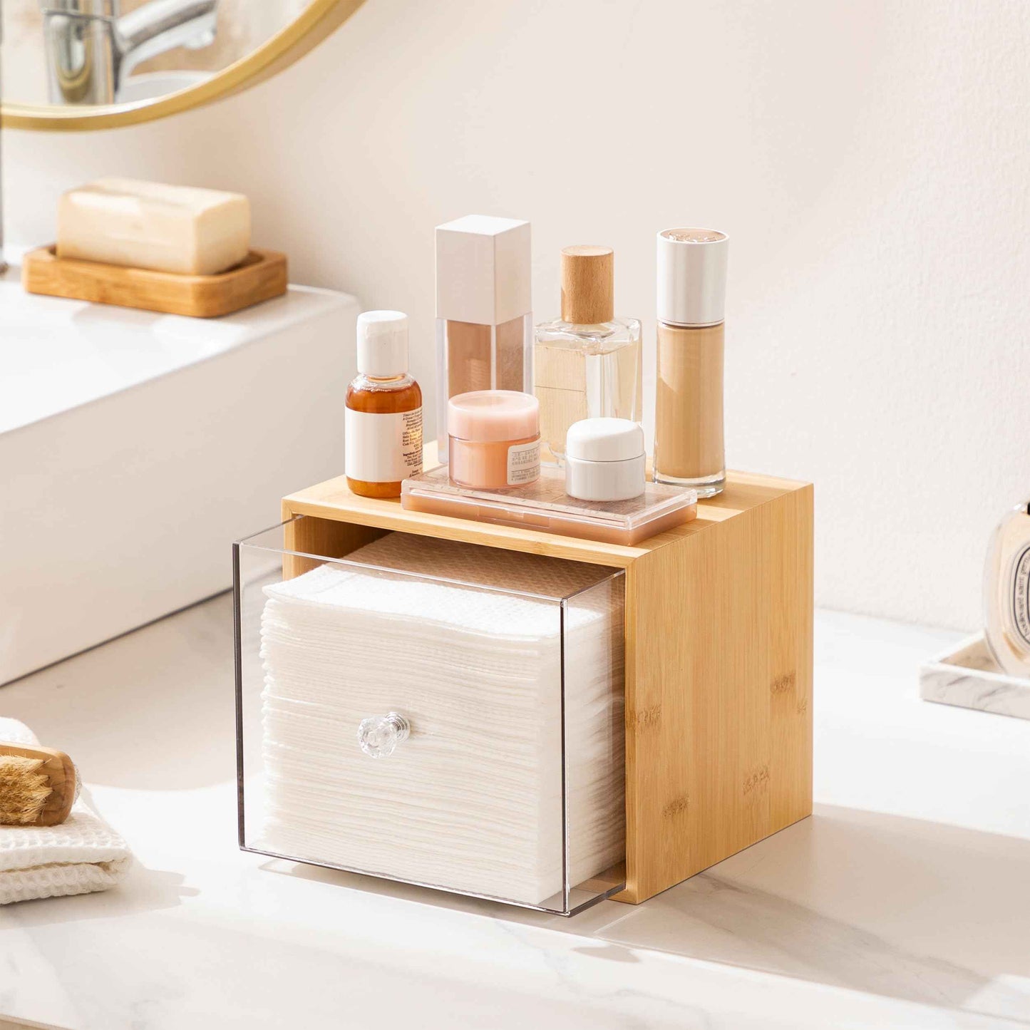 HBlife Bamboo Disposable Face Towel Holder Compatible with Clean Skin Club Face Towel XL, Wall-Mounted Acrylic Storage Box with Drawer for Makeup Remover Wipes for Vanity and Bathroom