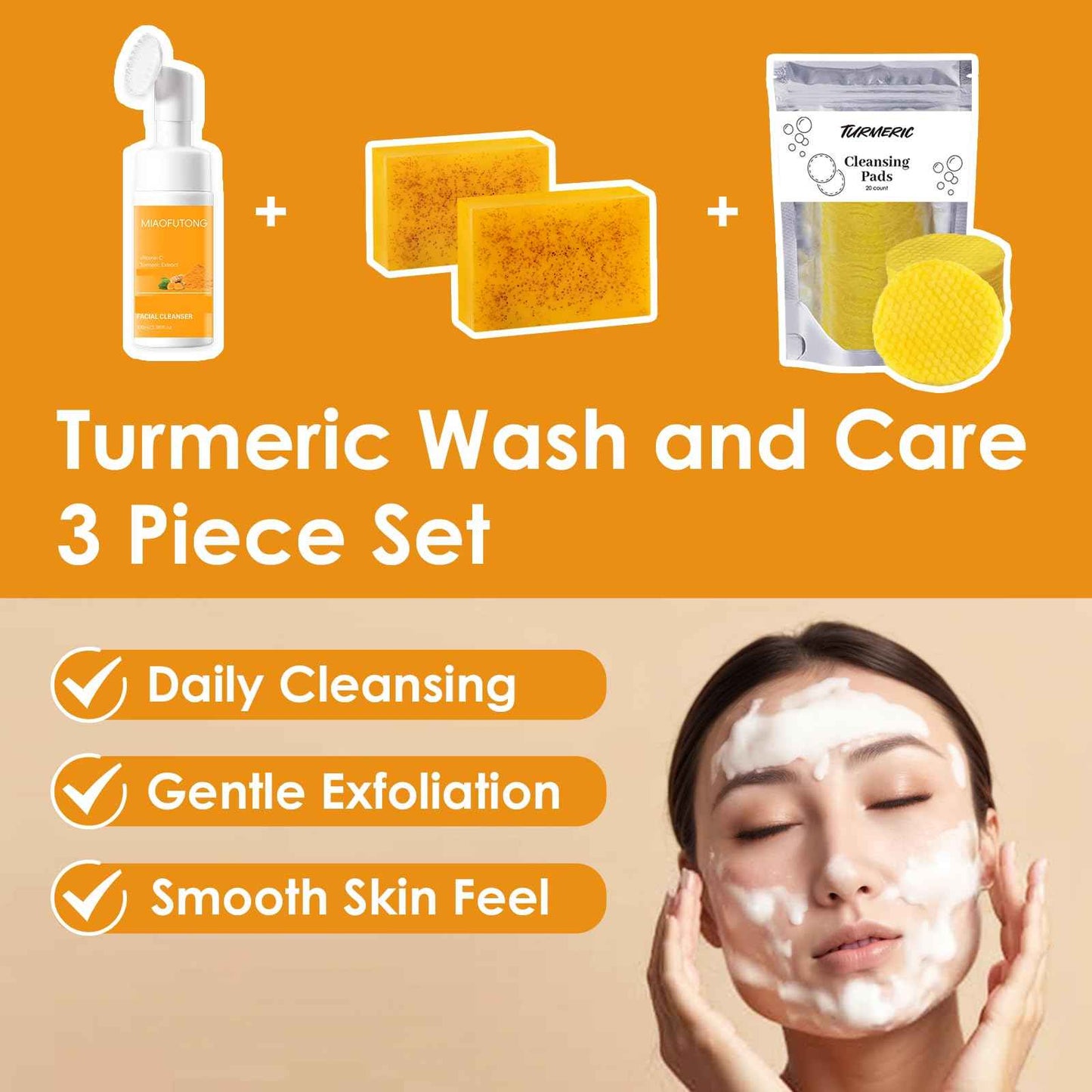 Turmeric Wash and Care Three Piece Set – Turmeric Face Wash with Brush, Exfoliating Facial Pads, Cleansing Soap Bars (2PC) & Turmeric Oil – Jabon de Curcuma, Natural Skincare for Face & Body