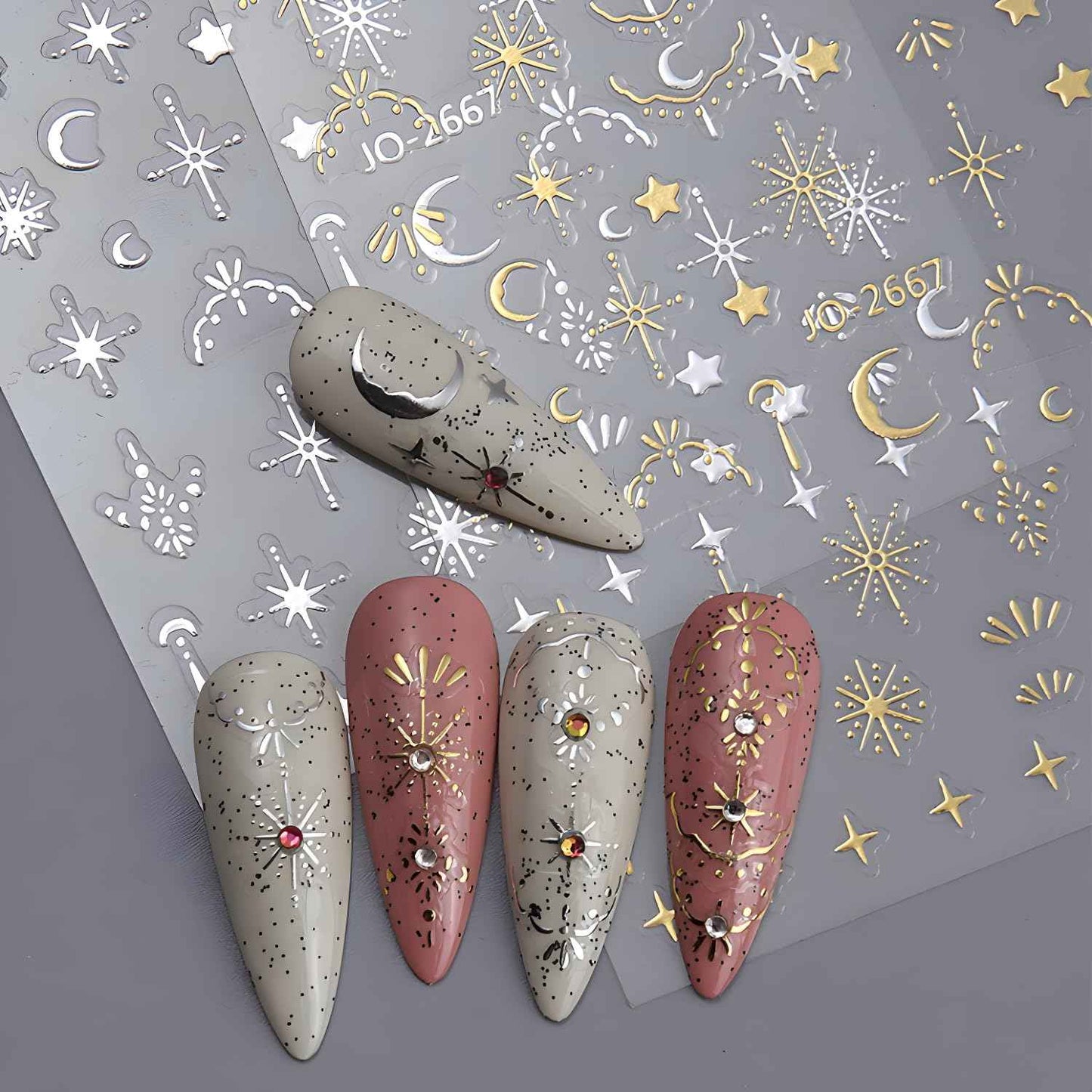 12 Sheets Silver Gold Moon Star Nail Art Stickers - 3D Self Adhesive Decals for Design and Decoration - Supplies Accessories for Women