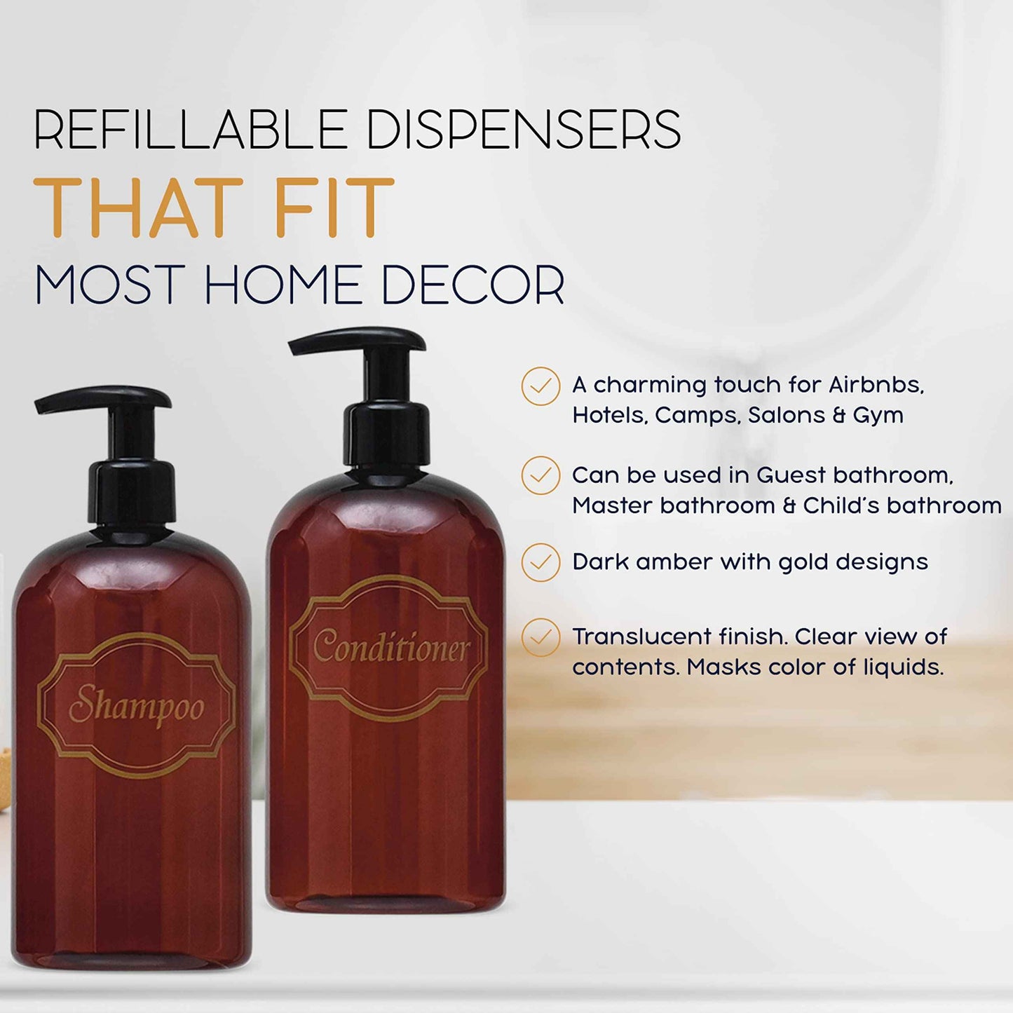 Bottiful Home-16 oz Shampoo and Conditioner Refillable Empty Plastic Pump Bottle Dispenser Set (Amber)