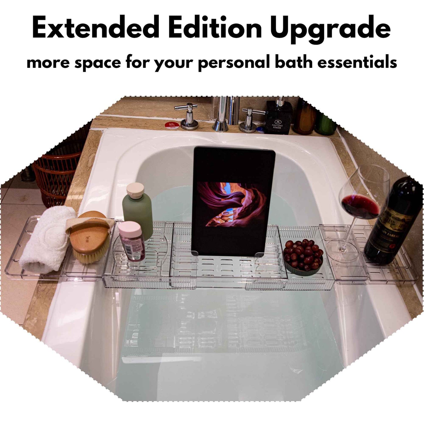 TAIKONLAB (Extended Edition) Expandable Bathtub Tray for Tub, Clear & Easy Maintenance Acrylic Bath Organizer for Relaxing Spa, Bath Tub Caddy Tray Fits Most Bathtubs and Bathroom Décor Style