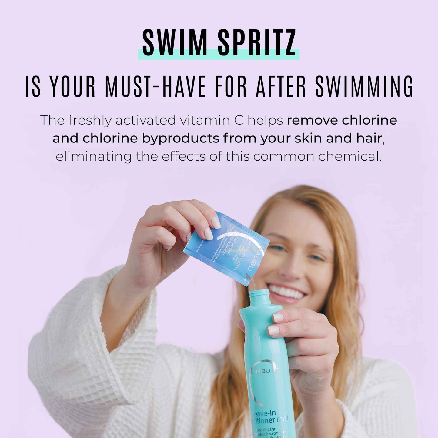 Malibu C Swim Spritz Crystals - Freshly Activated Vitamin C Hair and Skin Spray for Post-Swim Chlorine Removal - 100% Vegan and Cruelty-Free (12 Packets)