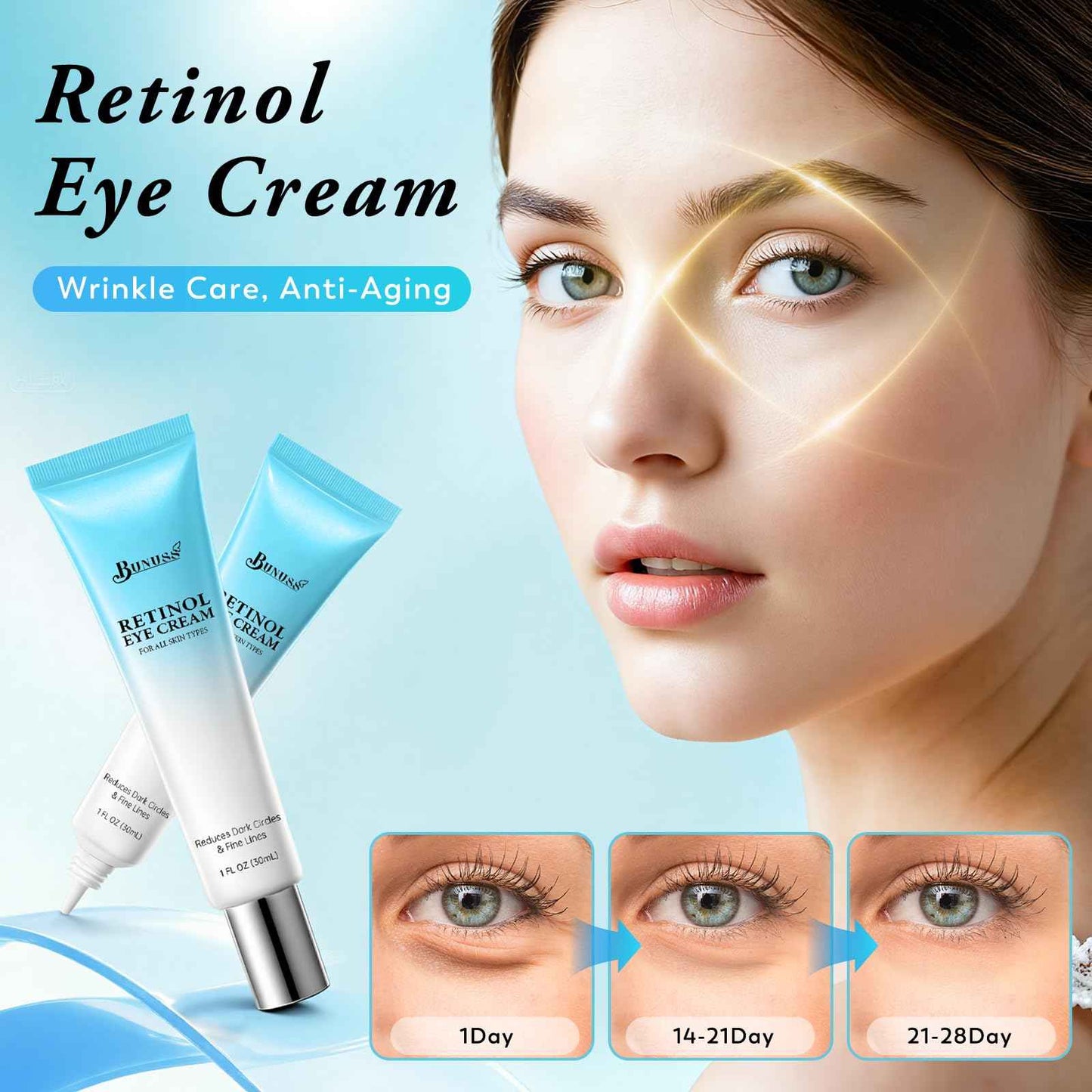 Retinol Eye Cream - Eye Cream for Dark Circles, Puffiness, Anti Aging, with Hyaluronic Acid, Peptides, Caffeine, Reduces Bags, Smooths Wrinkles & Fine Lines, Dark Circles Under Eye Treatment, 1 fl. oz
