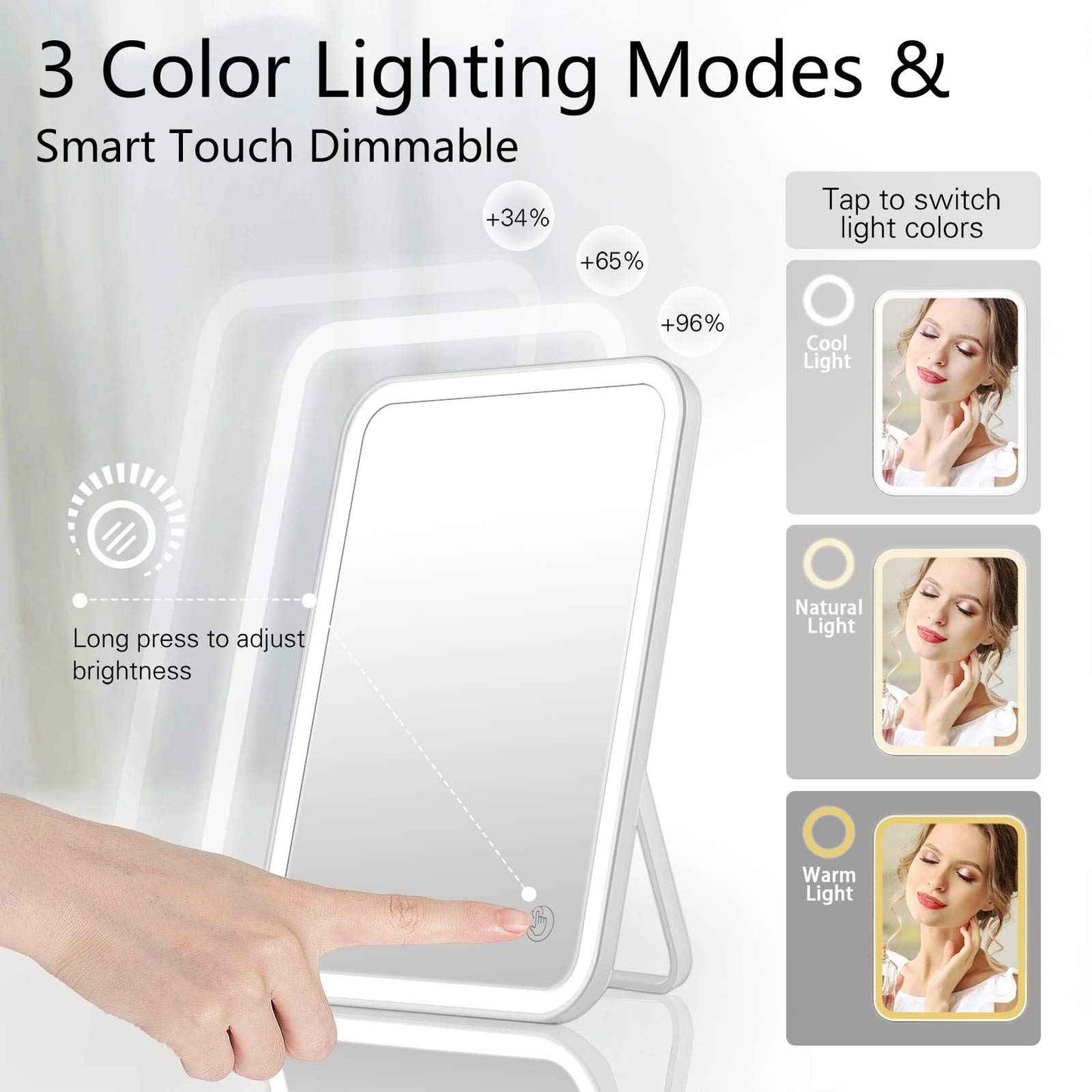 KOOKIN Lighted Vanity Makeup Mirror with Lights 3 Color Lighting Modes Rechargeable Touch Screen Adjustable Tabletop Wall Hanging Led Light Up Mirror with Mini 5X Hand Mirror