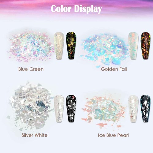 Laza Silver White Pearlescent Nail Flakes Glitter Irregular Opal Nail Foil Flakes Chunky Confetti Moonlight Chrome Sequins Aurora Fairy Dust for Mermaid Nails Design, Nail Decorations for Nail Art