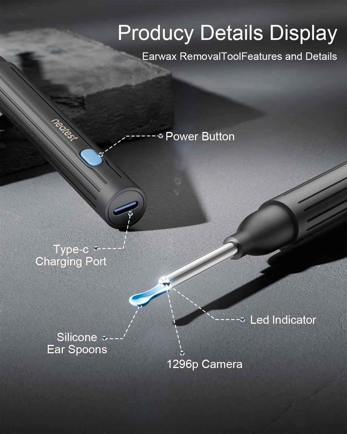 NEATEST Ear Wax Removal Tool with Camera - Ear Cleaner with 1296P HD Otoscope 6 LED Lights 8 Different Earwax Removal Kit Wireless Visual Ear Cleaning Tool for iPhone & Android Phones