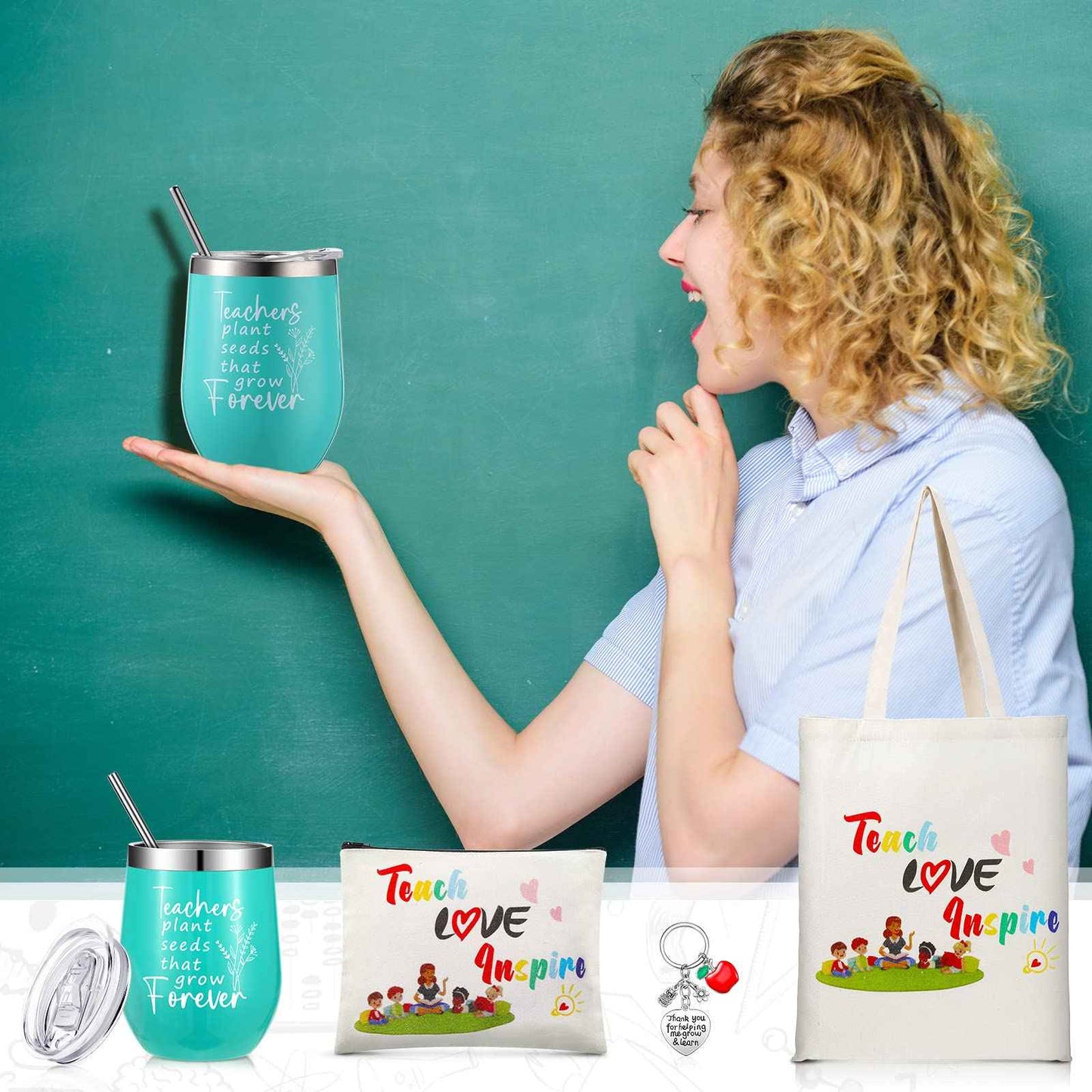 Hillban 4 Pcs Teacher Appreciation Gift for Women 12 oz Teacher Tumbler Tote Bag Makeup Cosmetic Bag Keychain Thank You Gift Set for Christmas Birthday(Classic Style)