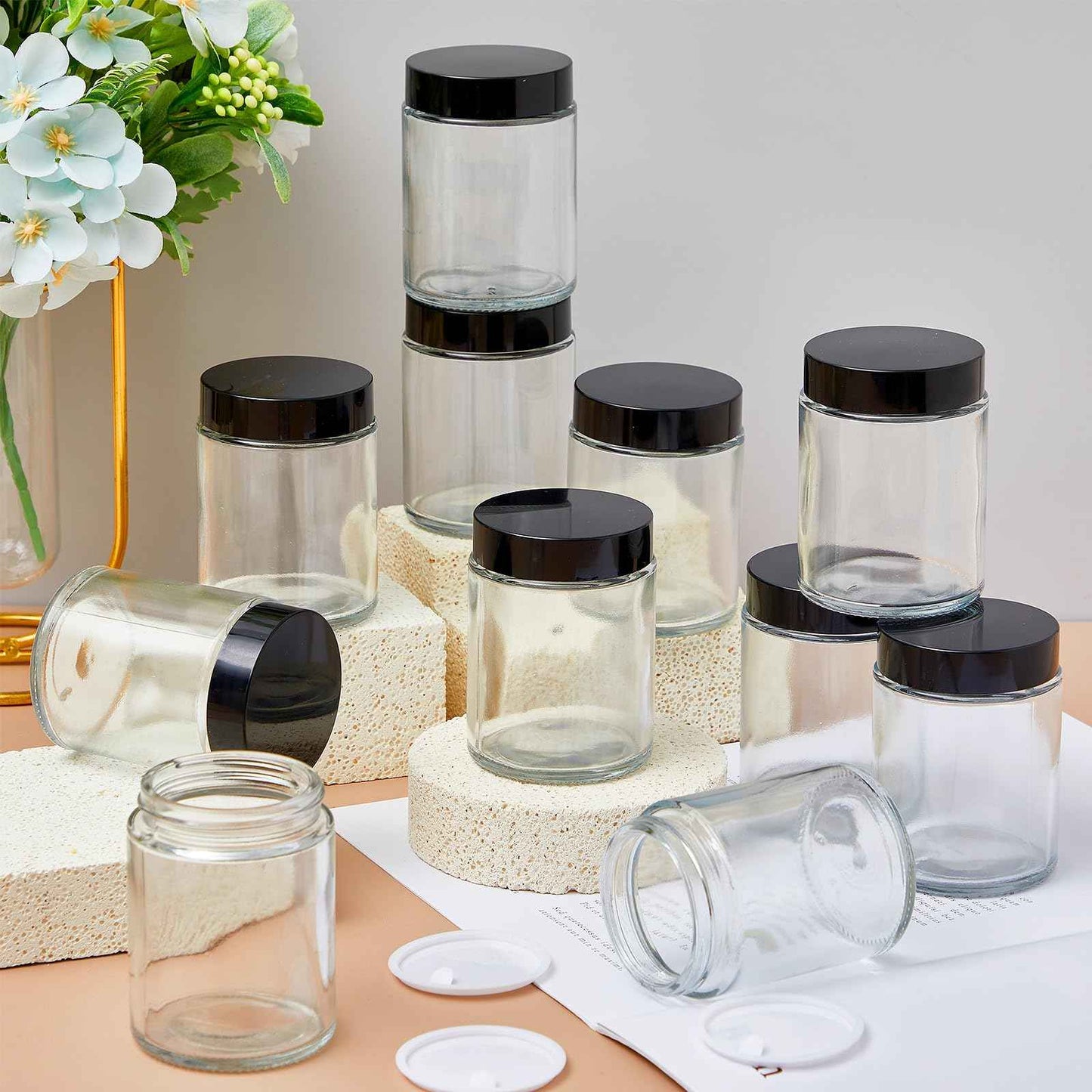 Domensi 24 Pcs 6oz Glass Jars with Lids Leakproof Round Airtight Empty Cosmetic Jars with Inner Liners Lid for Storing Lotions Spices Ointments Candle Making Food Storage (White Black)