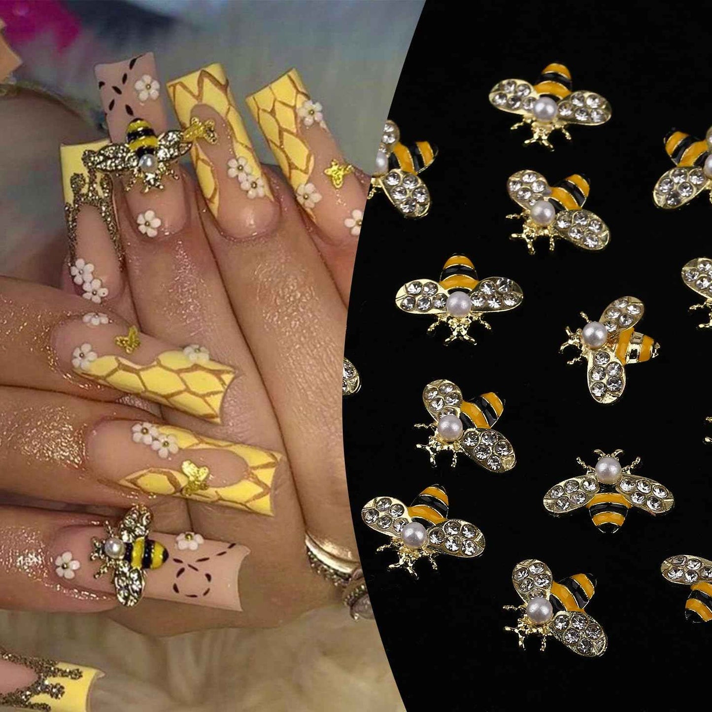 ROFIBUT Tiny Bee Nail Art Charms Resin Cartoon Daisy Flower Nail Gems 3D Gold Alloy Bees Jewelry Charms for Nails, Spring Summer Daisy Sunflower Nail Rhinestones for Women DIY Nail Decoration 60Pcs