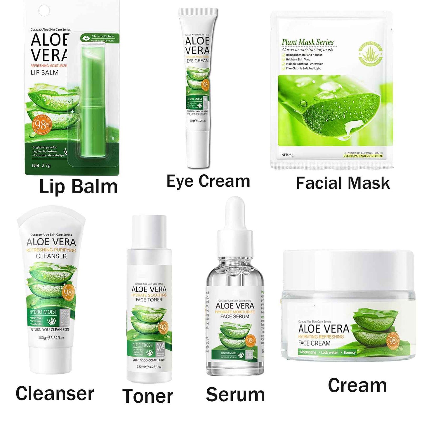 8Pcs Aloe Vera Skin Care Set - Face Care Kit With Cleanser, Mask, Toner, Serum, Lip Balm, Eye Cream, Moisturizer for Women Girls