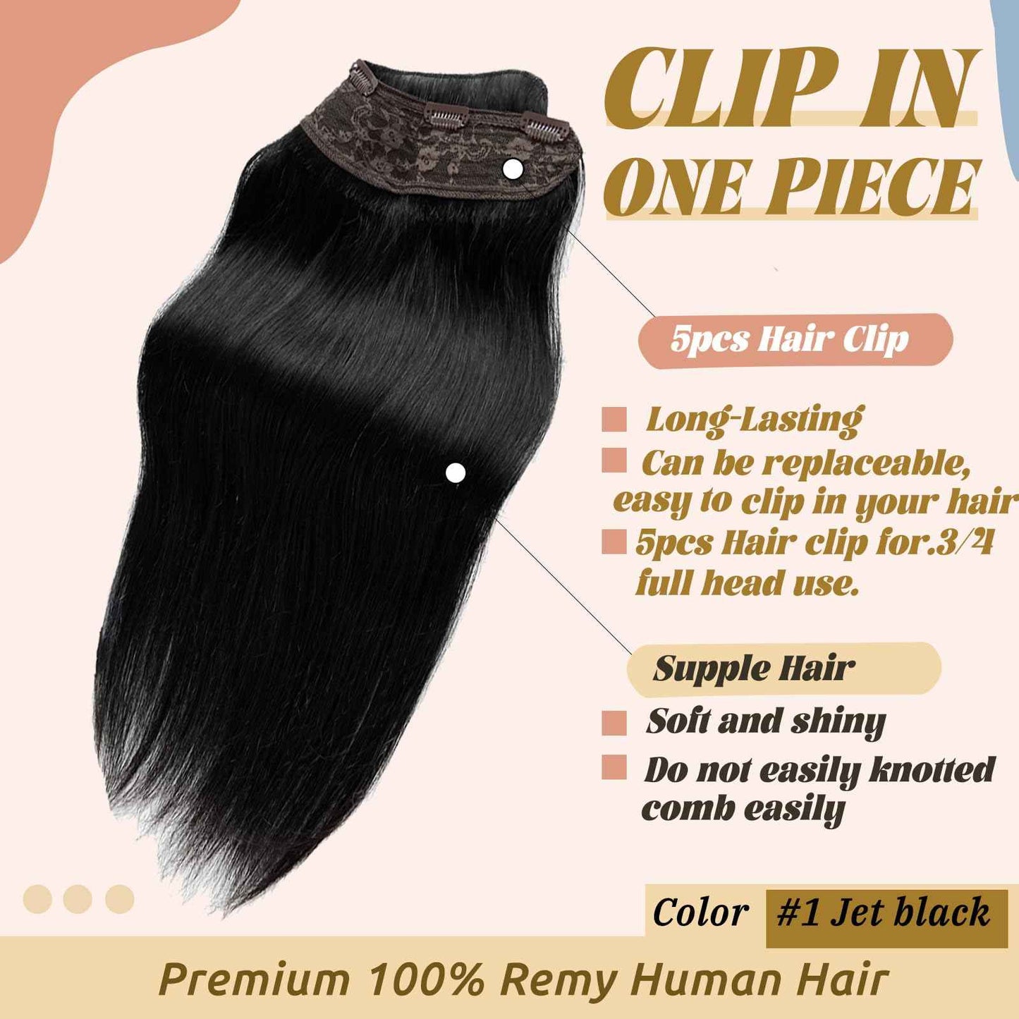Clip in Hair Extensions Real Human Hair,Jet Black One-piece Hairpieces with 5 Clips Double Weft Black Clip in Extensions 3/4 Full Head for Thin Hair Straight Clip in 16" 80g