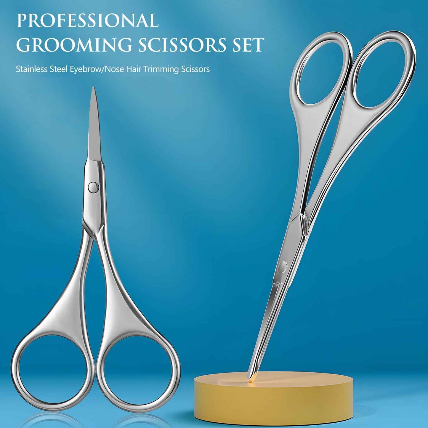 Kootinn 2Pcs Facial Hair Small Grooming Scissors For Men Women - Eyebrow, Nose Hair, Mustache, Beard, Eyelashes, Ear Trimming Kit - Curved and Rounded Safety Tip Clippers For Hair Cutting - Silver
