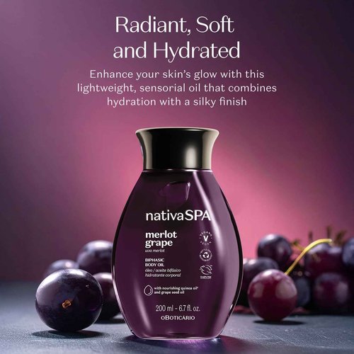 Nativa SPA by O Boticário Merlot Grape Biphase Body Oil, with Quinoa & Grapeseed Oils, Silky Glow with Hydration, 6.7 Ounce (200ml)