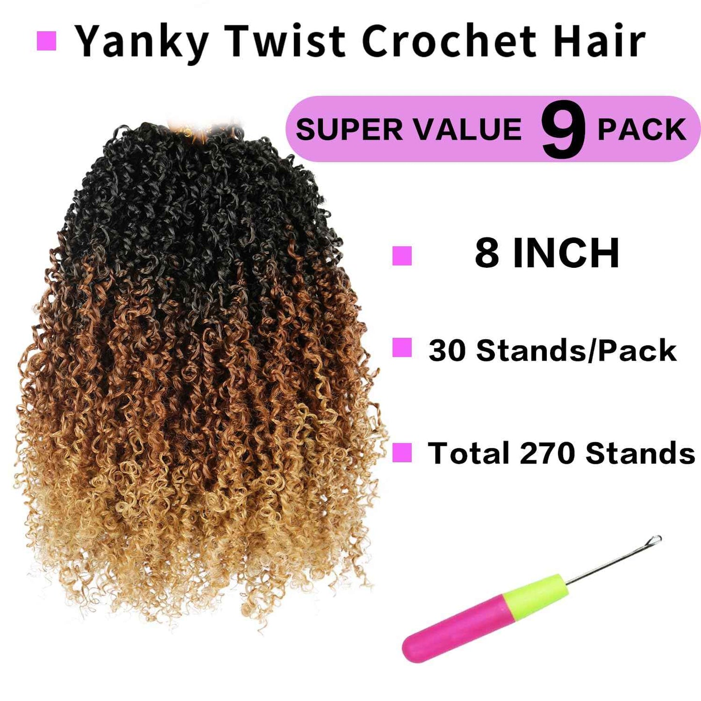 Yanky Twist Crochet Hair 9 Pack(270 Strands Total)Pre loop Pre Twisted Yanky Twist Braids Crochet Hair,Synthetic Spring Short Passion Twist Crochet Braiding Hair Extensions For Women(1B3027, 12 Inch)
