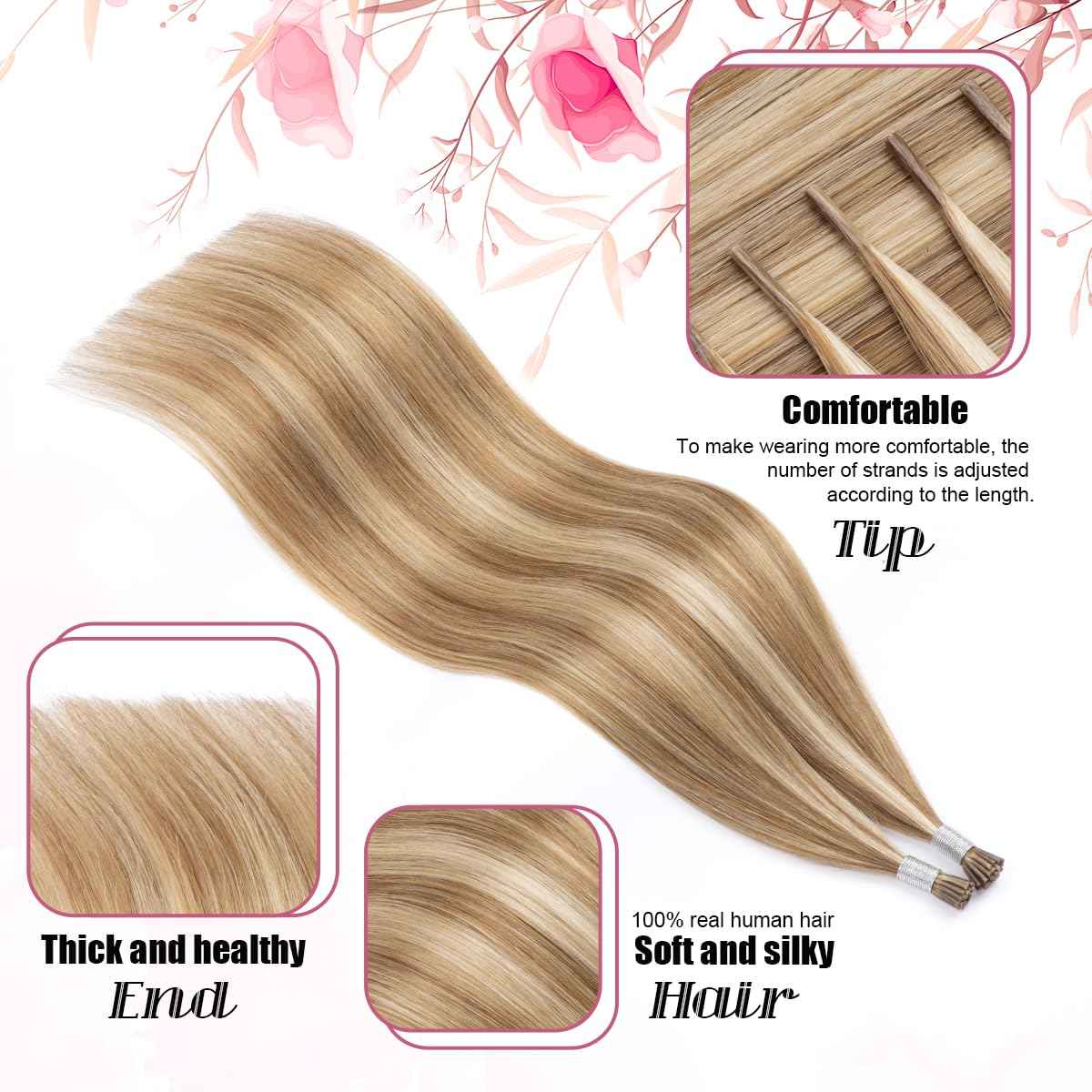 KPVXXVE Itip Human Hair Extensions Brown I Tip Hair Extensions Balayage Ash Brown Highlights Bleach Blonde Tip Real Human Hair #8/613 Cold Fusion 16 Inch 60s 45g