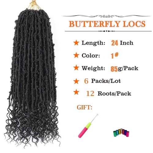 Butterfly Locs Goddess Locs Curly Ends 24 Inch Distressed Faux Locs Synthetic Crochet Hair For Black Women Hair Extensions (24 Inch, 6packs,1#)